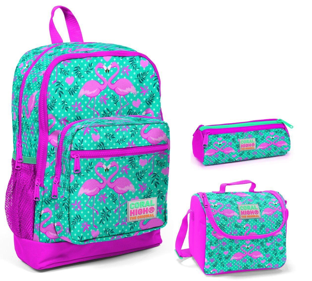 Coral High Yeşil Flamingo Baskılı Kız Çocuk 3'lü İlkokul Çanta Seti