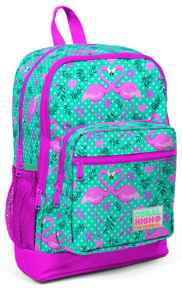 Coral High Yeşil Flamingo Baskılı Kız Çocuk 3'lü İlkokul Çanta Seti