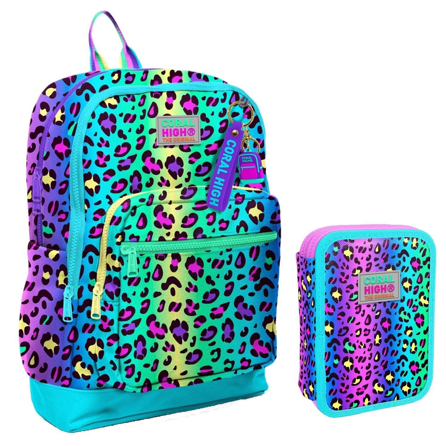 Coral High Yeşil Mor Leopar Kız Çocuk Okul Çantası ve Organizer Kalemlik Seti 23769 11143