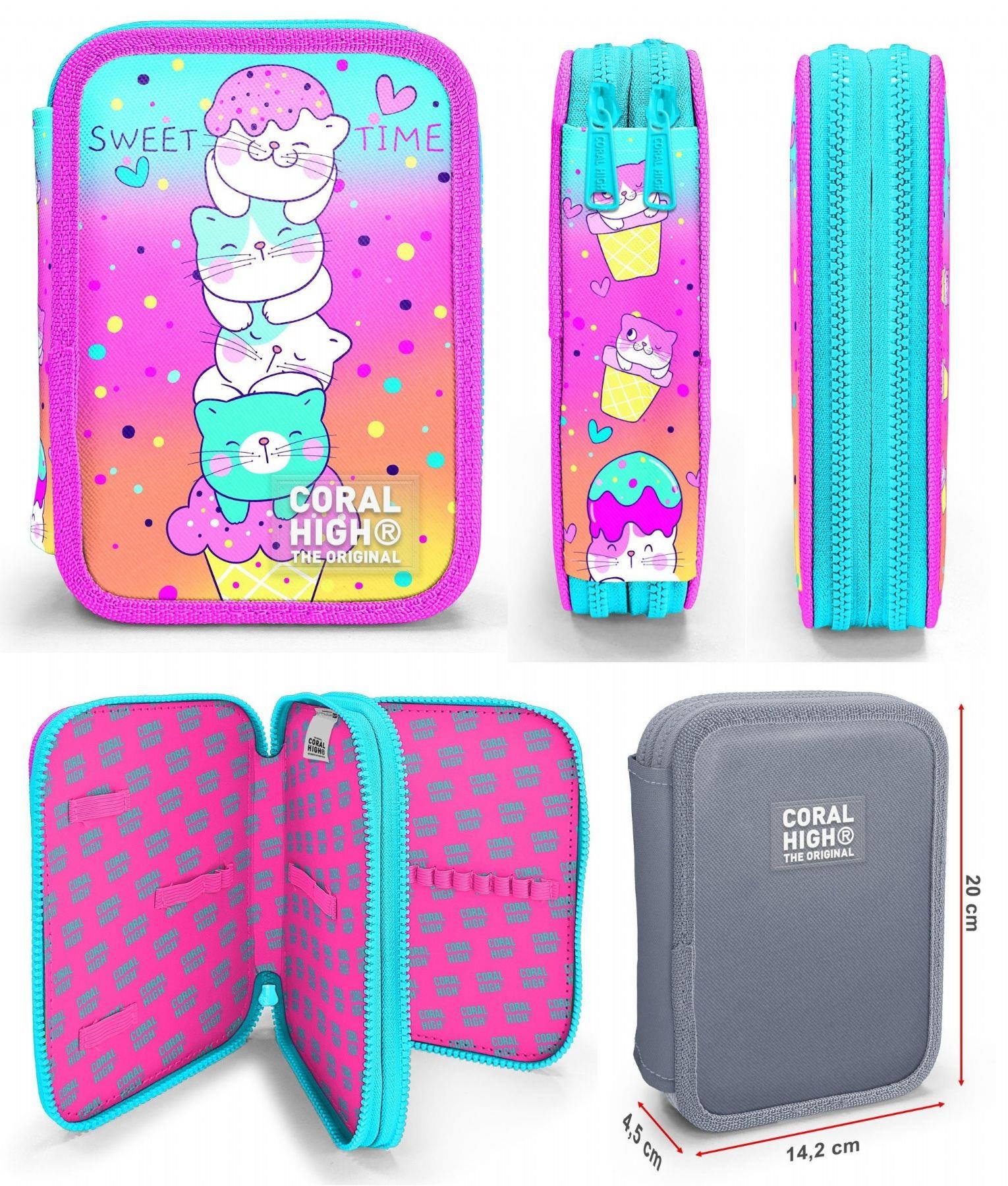 Coral High Yeşil Pembe Dondurma ve Kediler Kız Çocuk Okul Çantası ve Organizer Kalemlik Seti 23648+11139