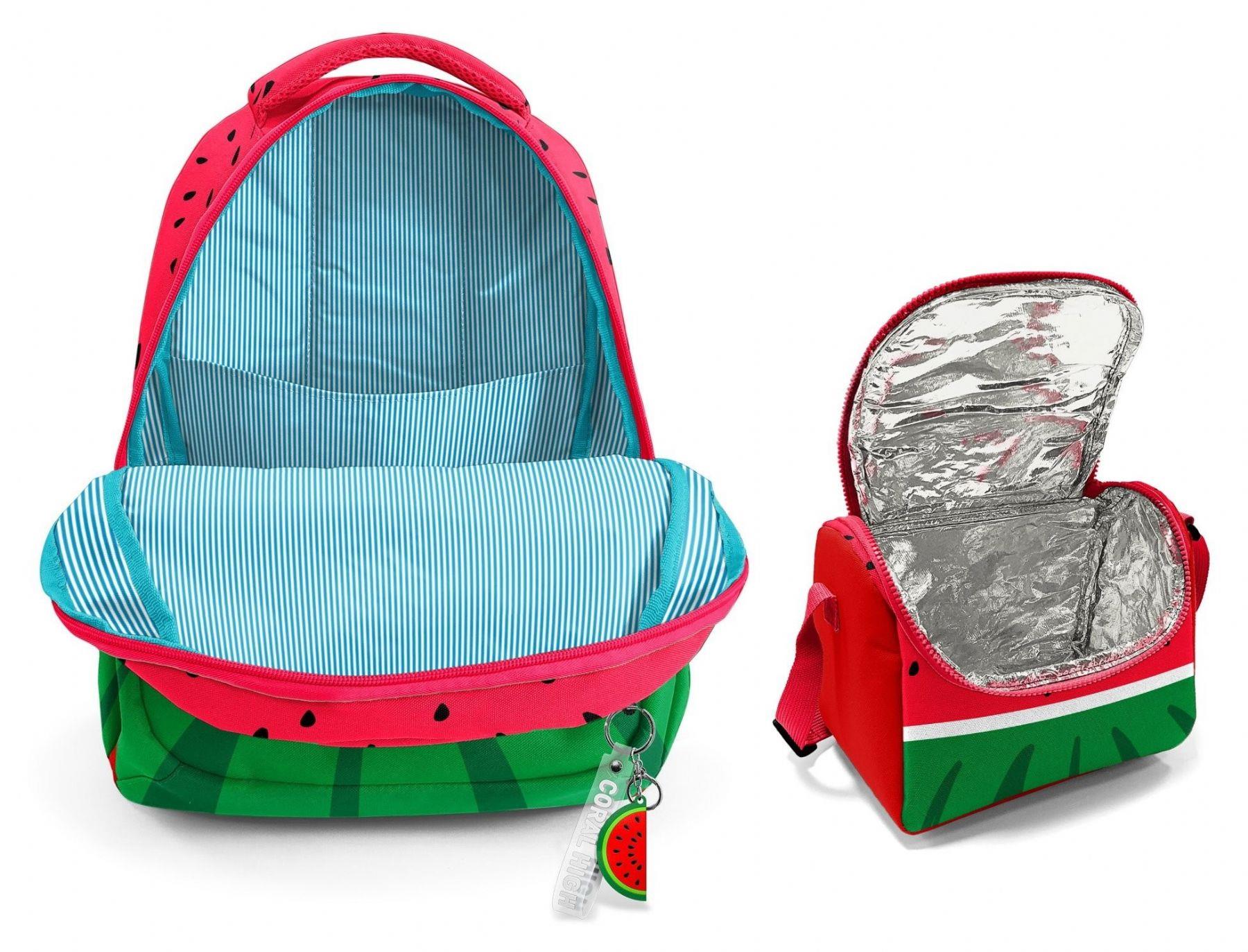 Coral HighErkek Çocuklar İçin Üç Gözlü Kırmızı Yeşil Karpuz Okul Sırt Çantası ve Termal Beslenme Çantası