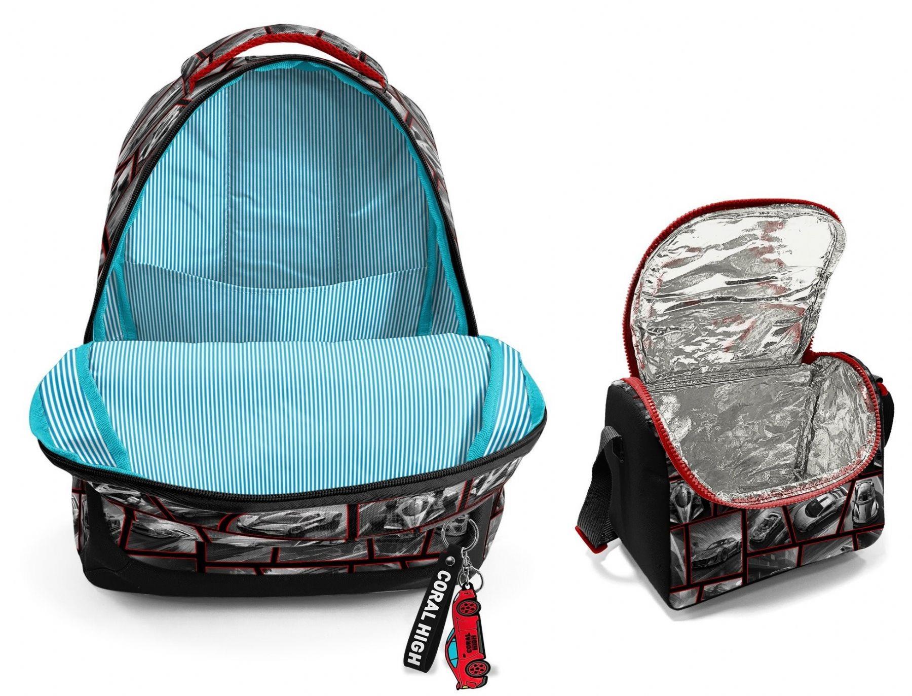 Coral HighErkek Çocuklar İçin Üç Gözlü Siyah Kırmızı Araba Okul Sırt Çantası ve Termal Beslenme Çantası