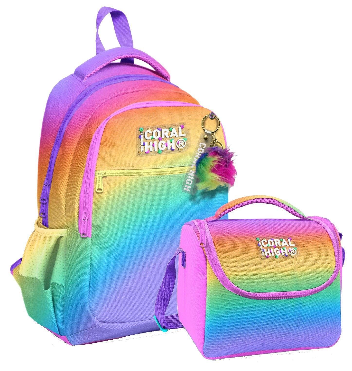 Coral HighKız Çocuklar İçin Üç Gözlü Çok Renkli Renk Geçişli Gradyan Okul Sırt Çantası ve Termal Beslenme Çantası
