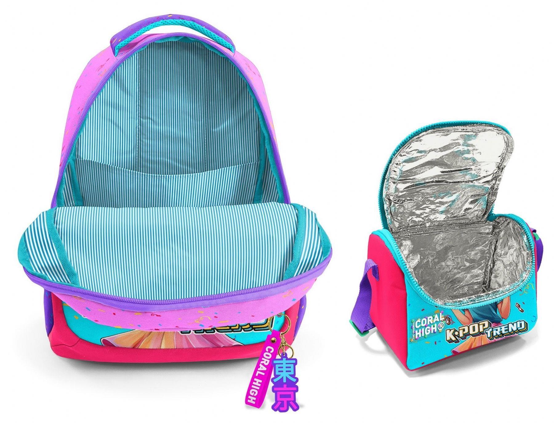 Coral HighKız Çocuklar İçin Üç Gözlü Pembe K-Pop Dondurmalı Kız Okul Sırt Çantası ve Termal Beslenme Çantası