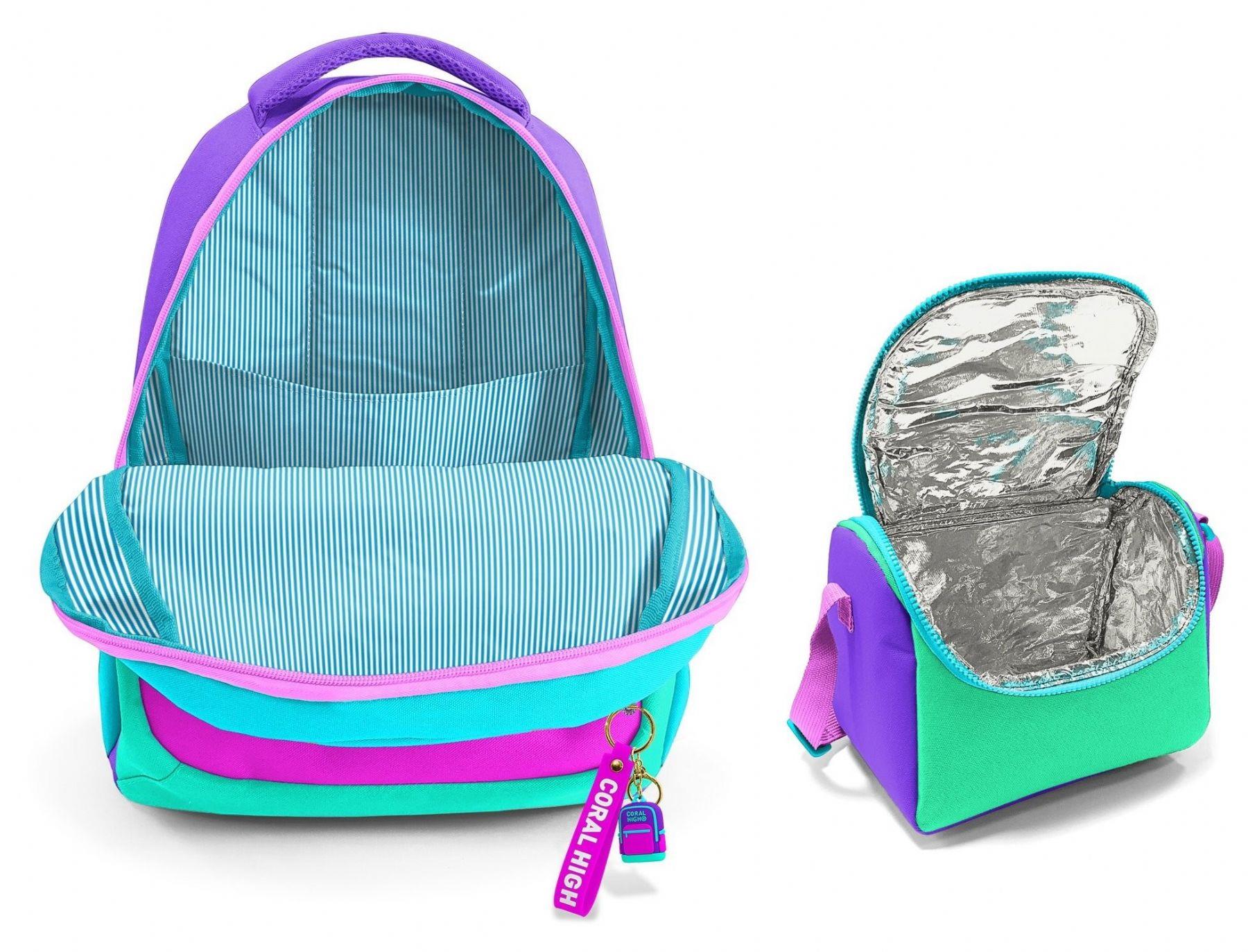 Coral HighKız Çocuklar İçin Üç Gözlü Pembe Yeşil Çok Renkli Okul Sırt Çantası ve Termal Beslenme Çantası