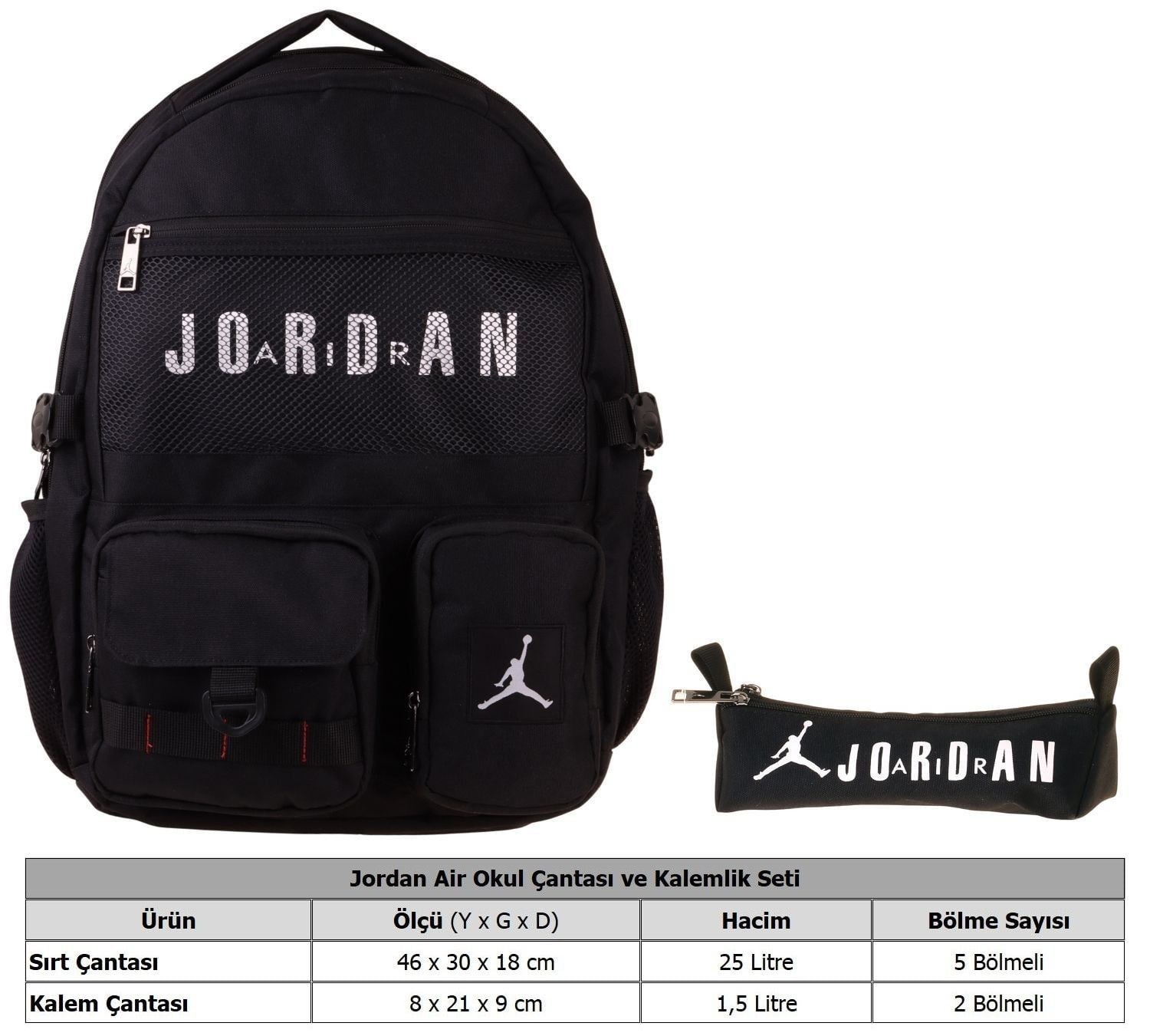 Jordan Air Brooklyn Black Siyah İkili Sırt Çantası ve Kalemlik Seti - Erkek Çocuk - SETJA-Q3180C