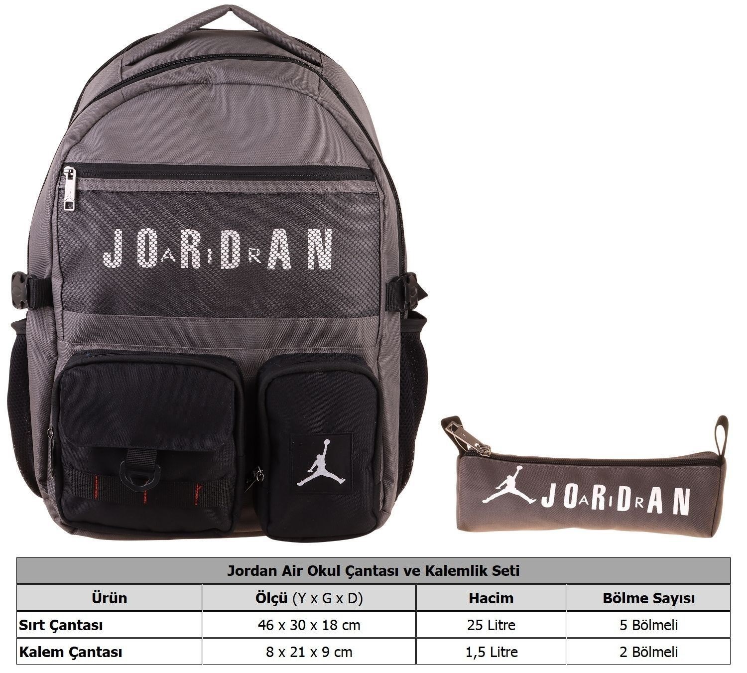 Jordan Air Brooklyn Grey Gri İkili Sırt Çantası ve Kalemlik Seti - Erkek Çocuk - SETJA-Q3182C