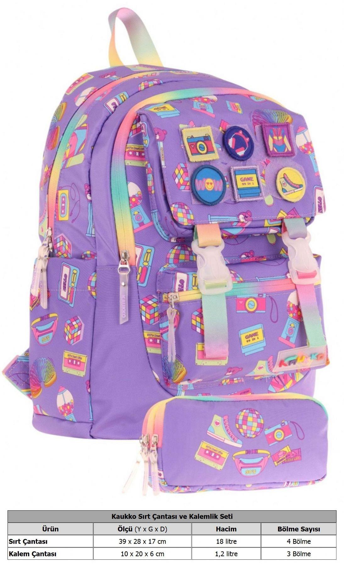 Kaukko Armalı Hobi Desenli Okul Çantası + Kalemlik Seti (L5238+L8238) Kız Çocuk - Mor