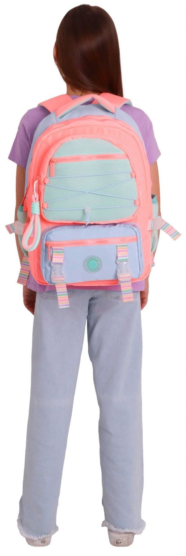 Kaukko Beş Gözlü Mesh Salmon Kız Çocuk Pembe - Yeşil Okul ve Günlük Sırt Çantası - K1853