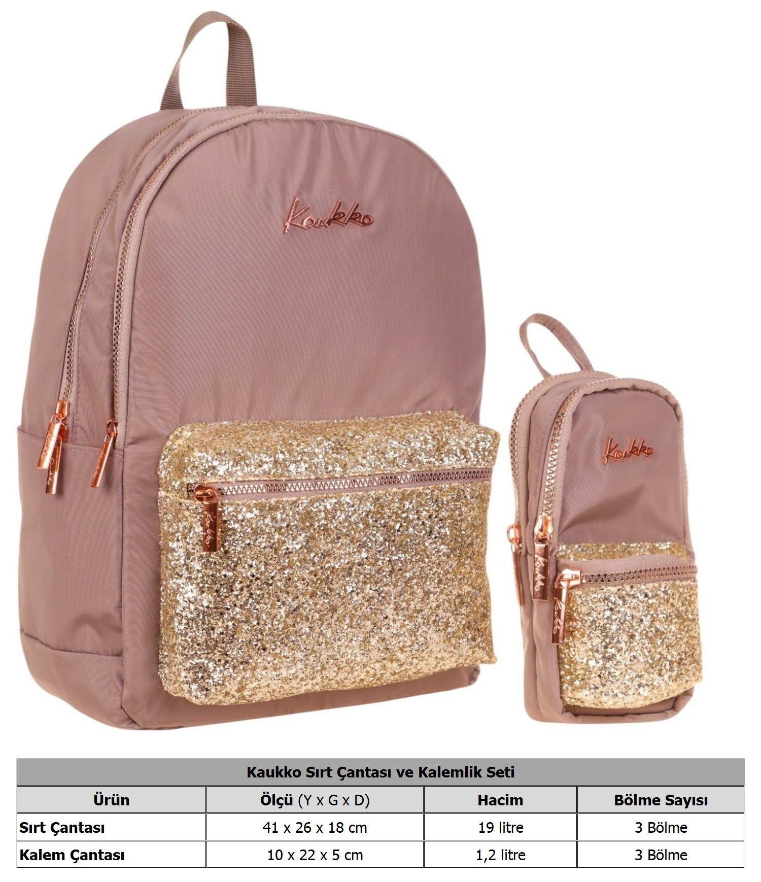 Kaukko Bright Kız Çocuk Taşlı Kahverengi Okul Çantası ve Çanta Şekilli Kalemlik Seti
