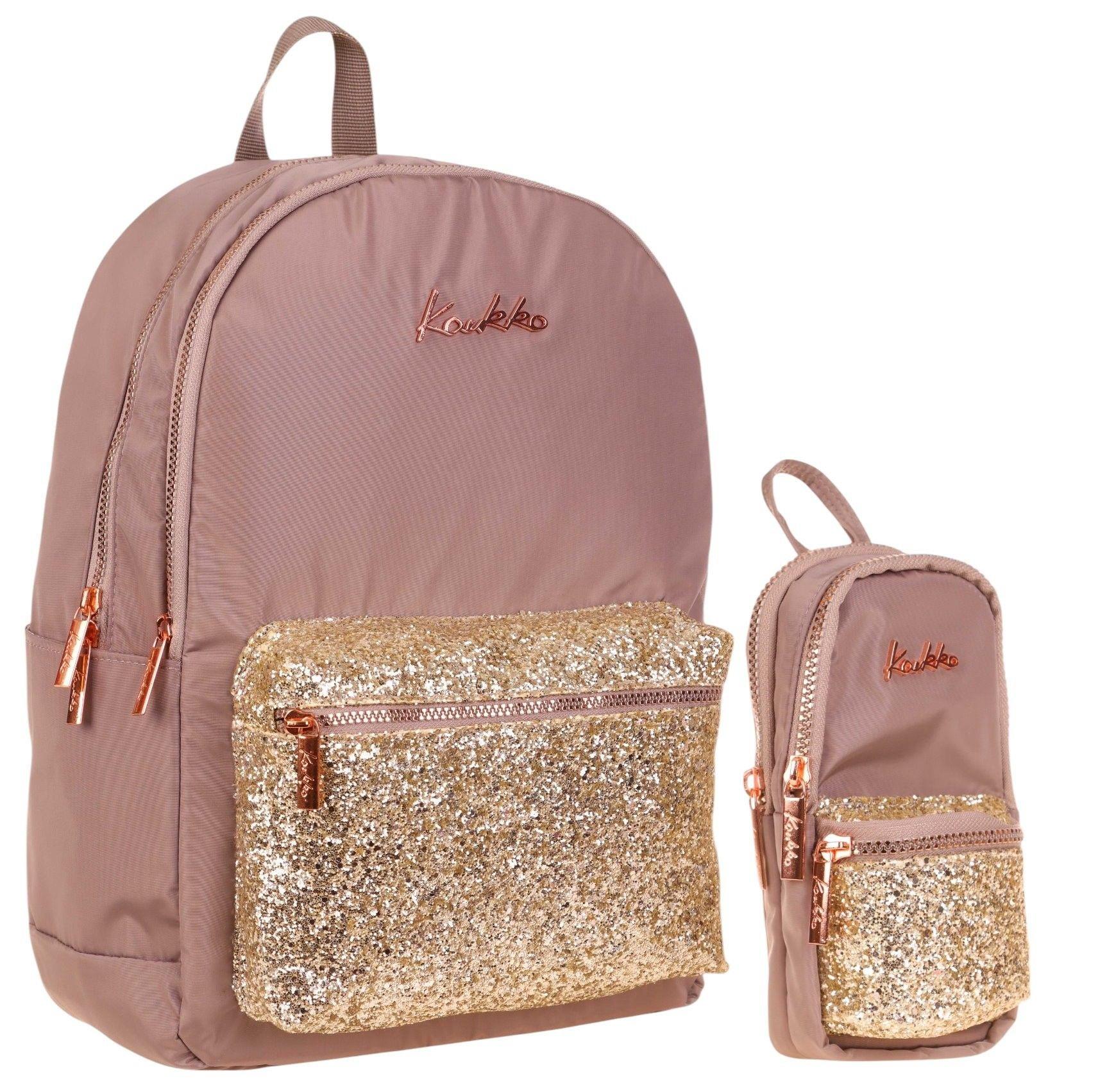 Kaukko Bright Kız Çocuk Taşlı Kahverengi Okul Çantası ve Çanta Şekilli Kalemlik Seti