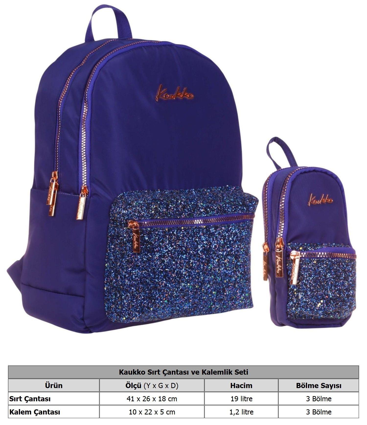 Kaukko Bright Kız Çocuk Taşlı Lacivert Okul Çantası ve Çanta Şekilli Kalemlik Seti
