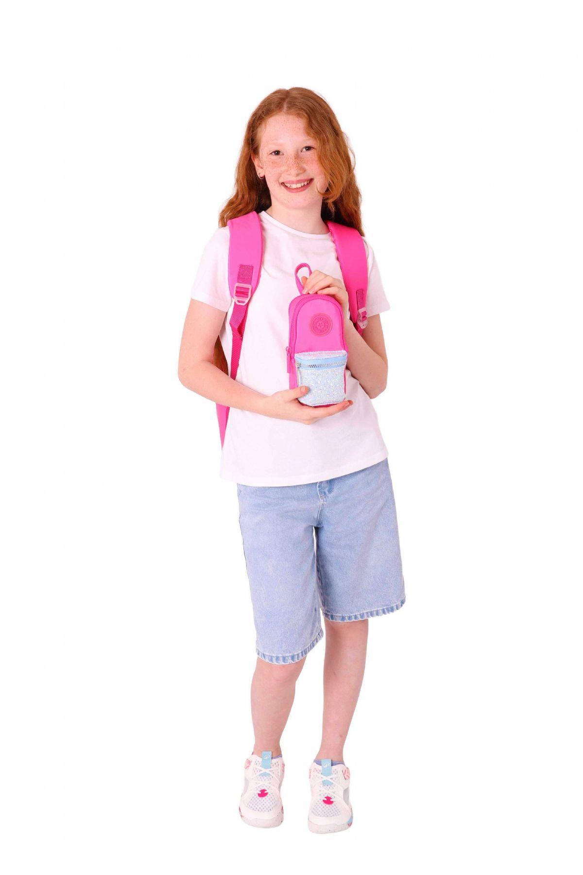 Kaukko Bright Kız Çocuk Taşlı Pembe Okul Çantası ve Çanta Şekilli Kalemlik Seti