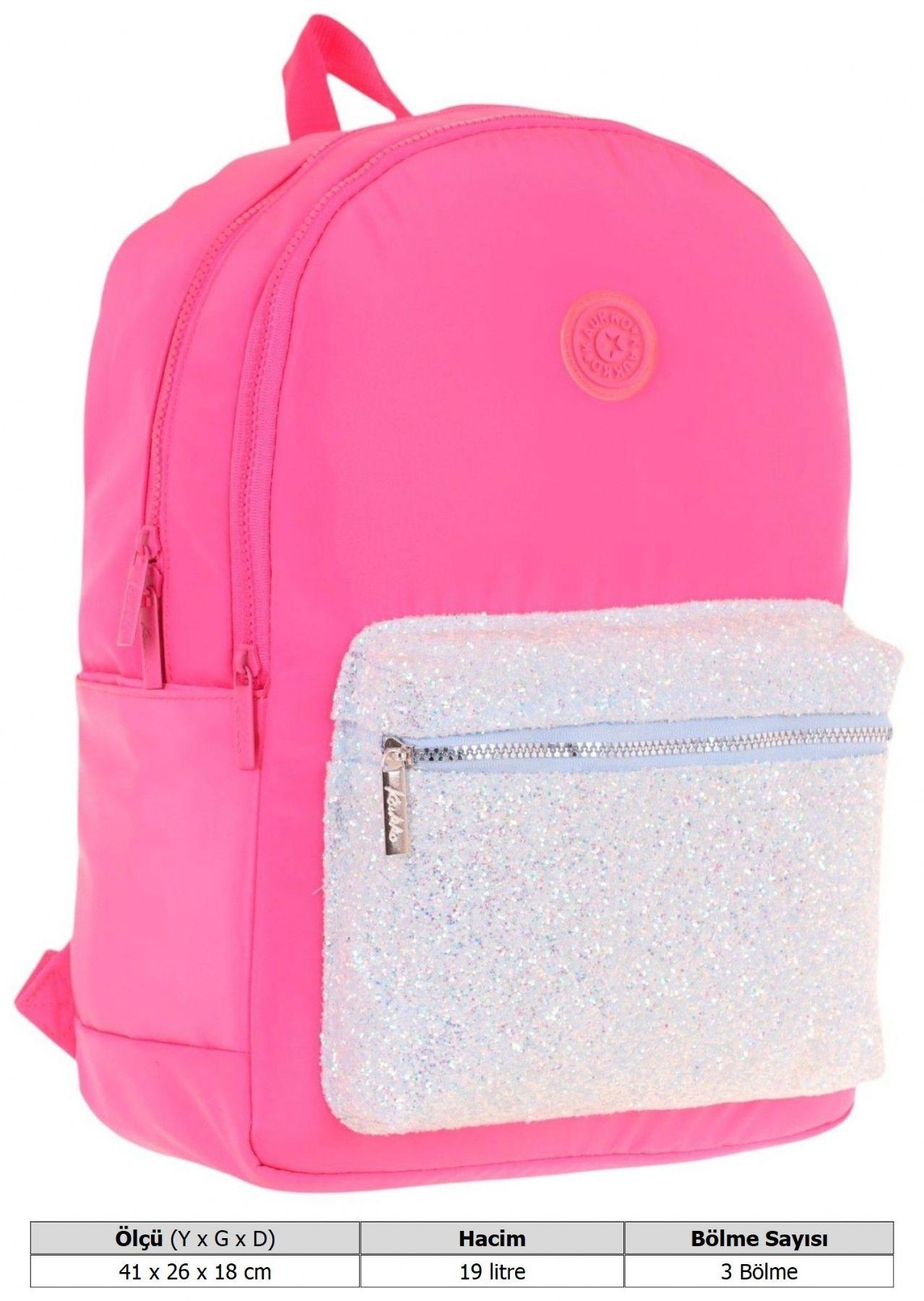 Kaukko Bright Kız Çocuk Taşlı Pembe Üç Bölmeli Okul Çantası - K1811