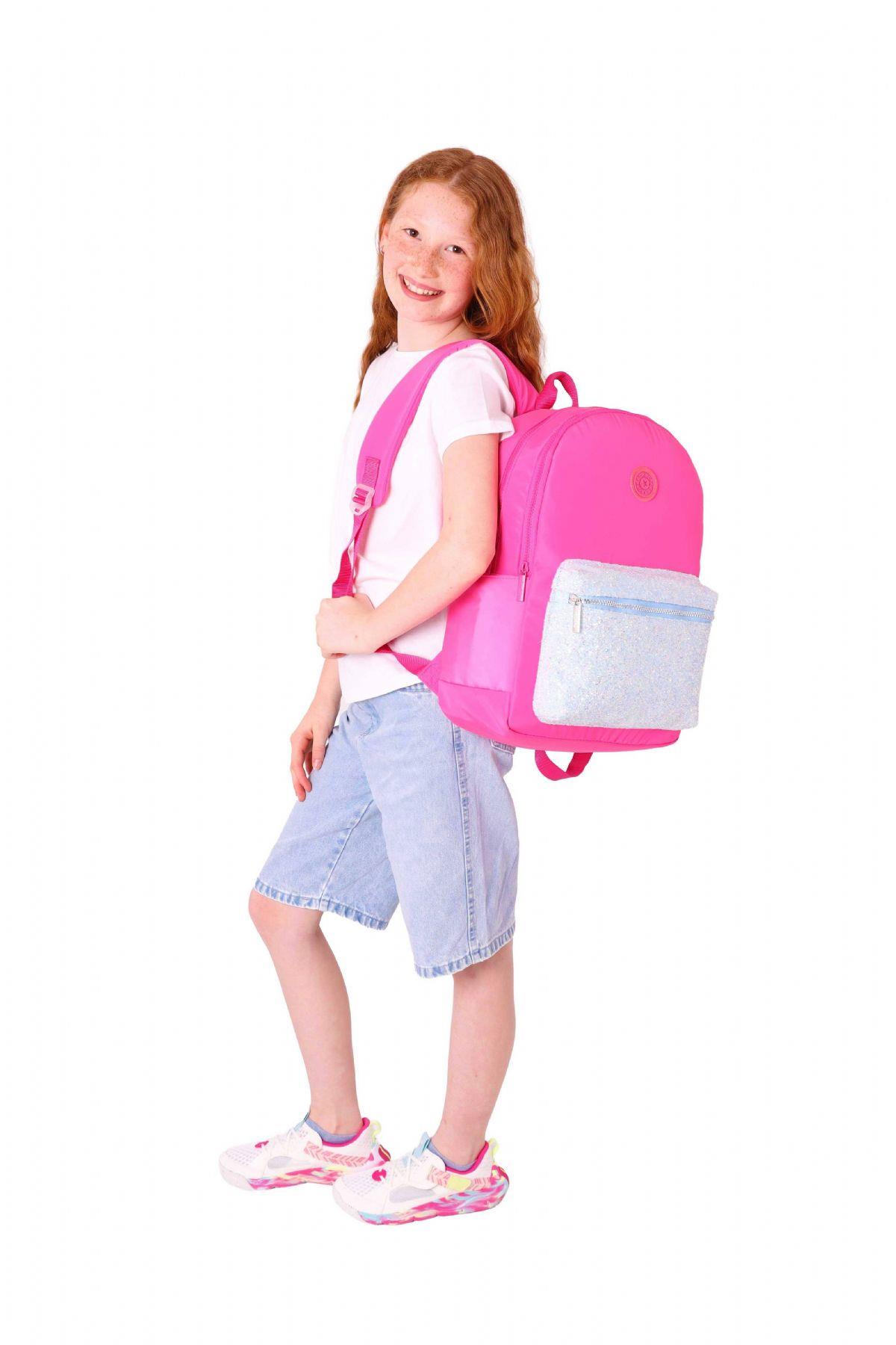 Kaukko Bright Kız Çocuk Taşlı Pembe Üç Bölmeli Okul Çantası - K1811