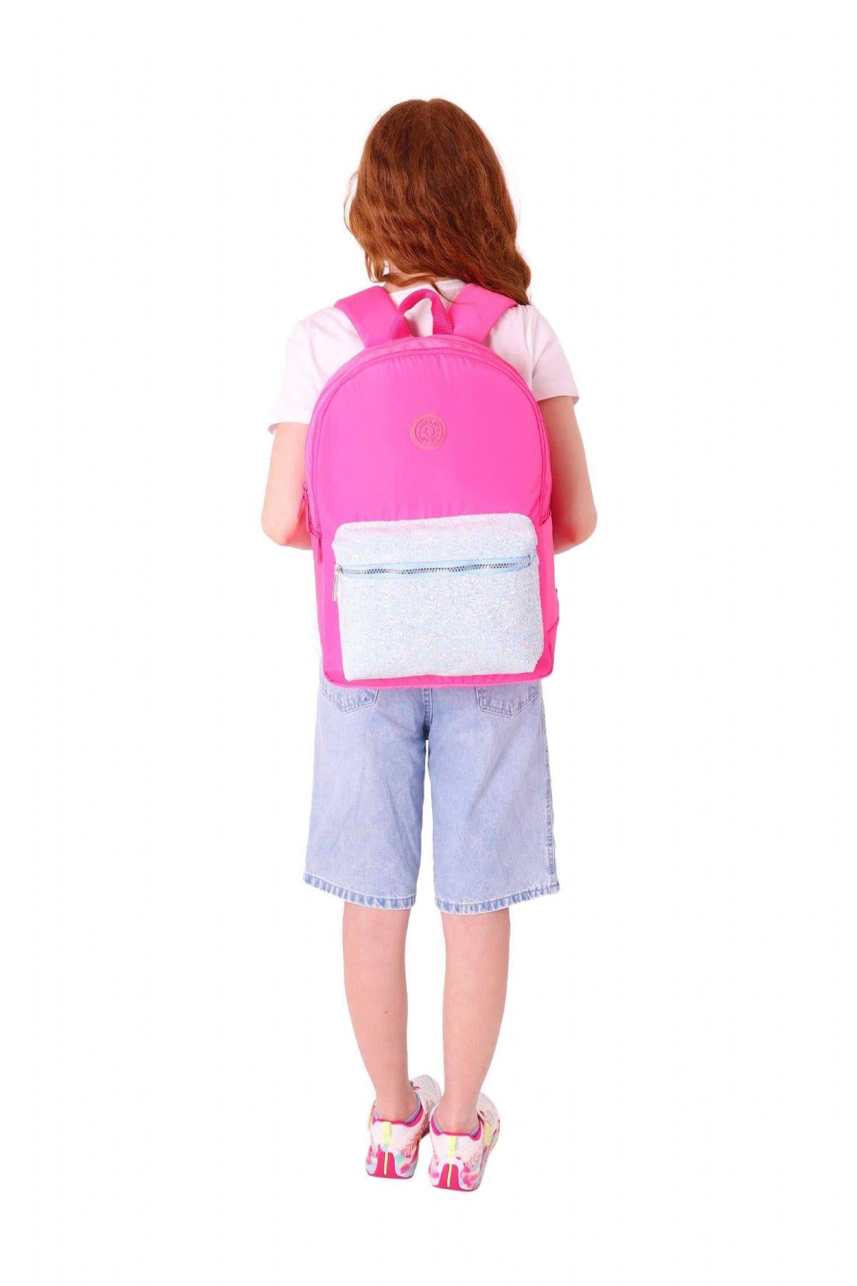 Kaukko Bright Kız Çocuk Taşlı Pembe Üç Bölmeli Okul Çantası - K1811