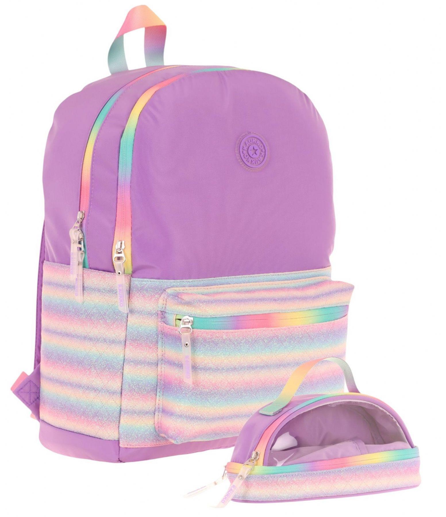 Kaukko Brush Okul Çantası ve İki Bölmeli Kalemlik Seti - Kız çocuk - Mor Çok Renkli - K1822+K2733