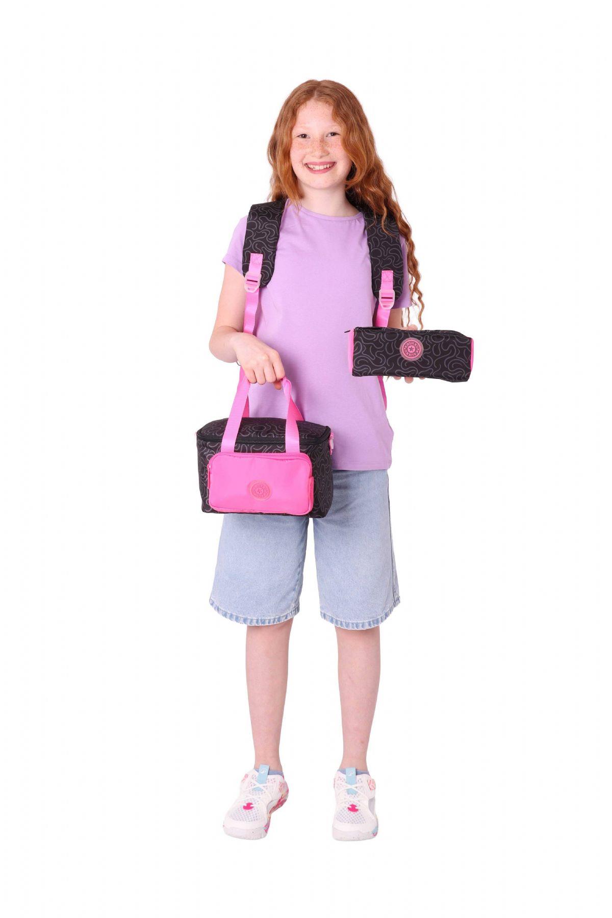 Kaukko Çizgi Desenli Siyah Fuşya Kız Çocuk Üçlü Okul Çanta Seti