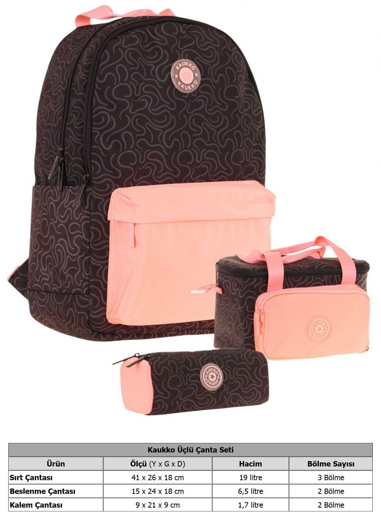 Kaukko Çizgi Desenli Siyah Somon Kız Çocuk Üçlü Okul Çanta Seti