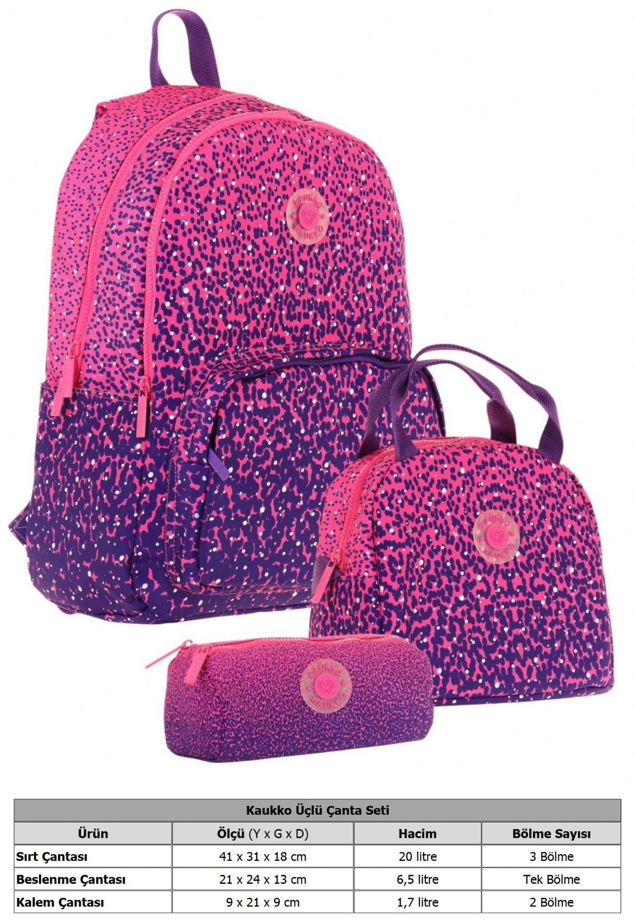 Kaukko Dots Mor Nokta Desenli Kız Çocuk Üçlü İlkokul ve Ortaokul Çanta Seti