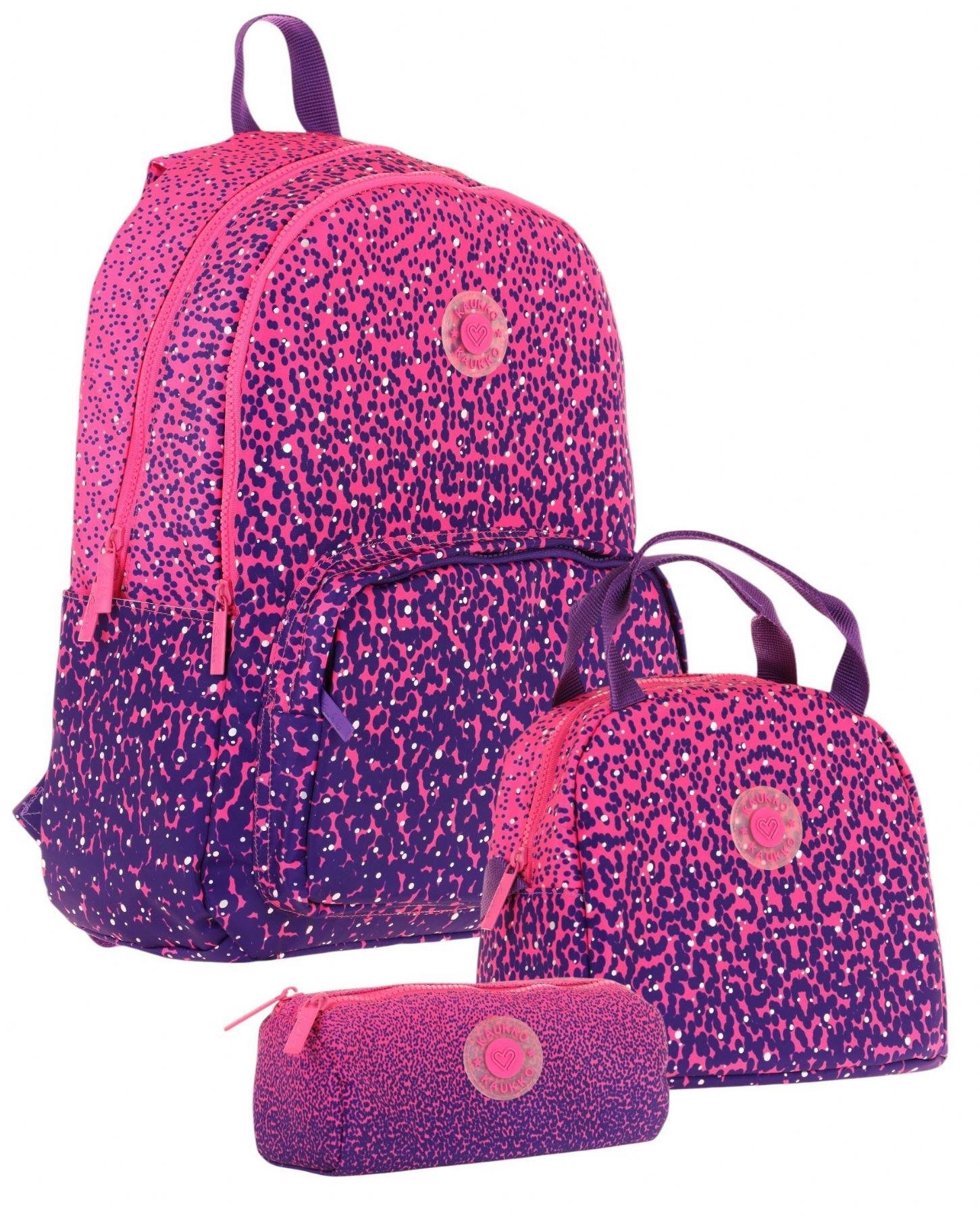 Kaukko Dots Mor Nokta Desenli Kız Çocuk Üçlü İlkokul ve Ortaokul Çanta Seti