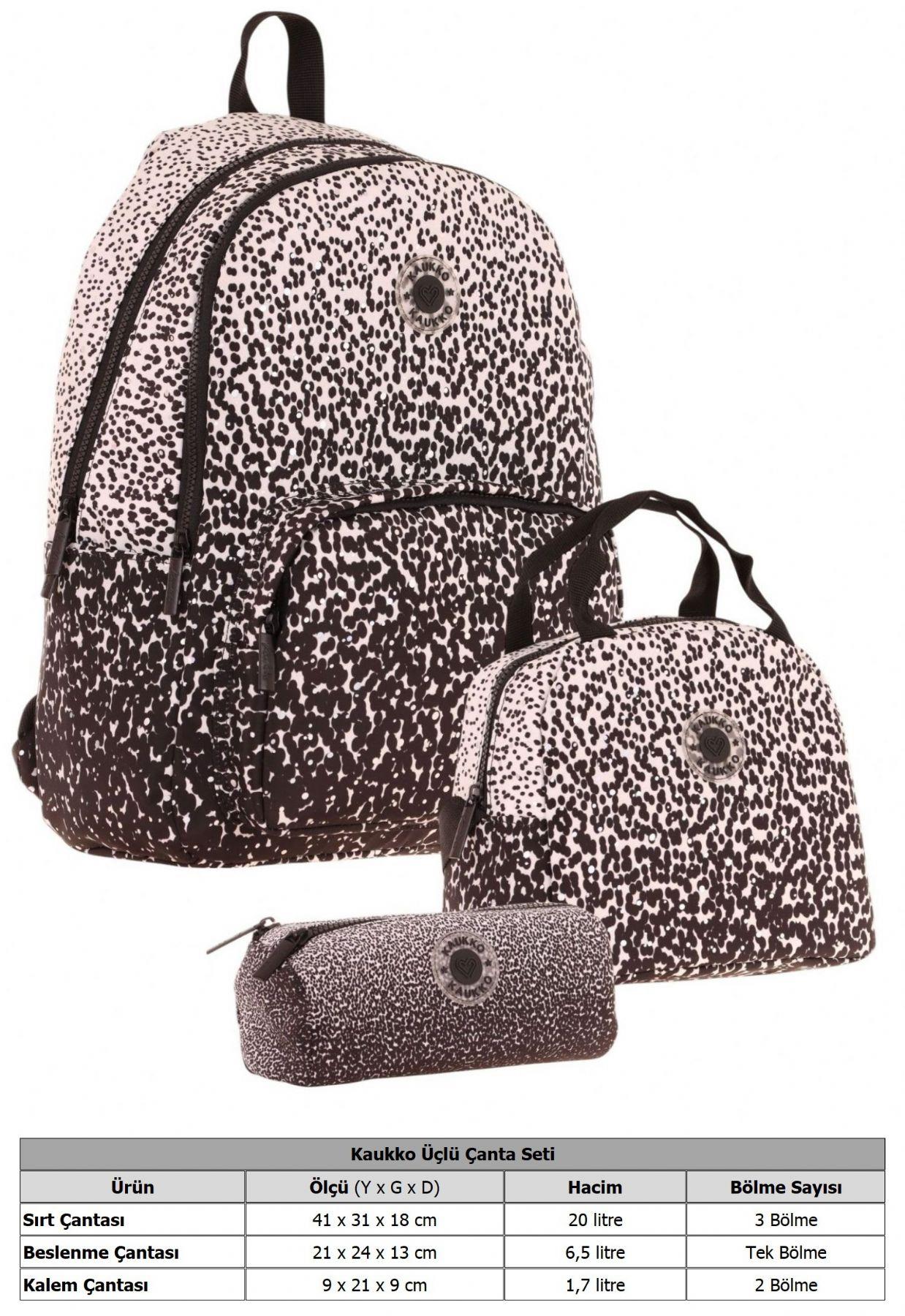 Kaukko Dots Siyah Nokta Desenli Kız Çocuk Üçlü İlkokul ve Ortaokul Çanta Seti