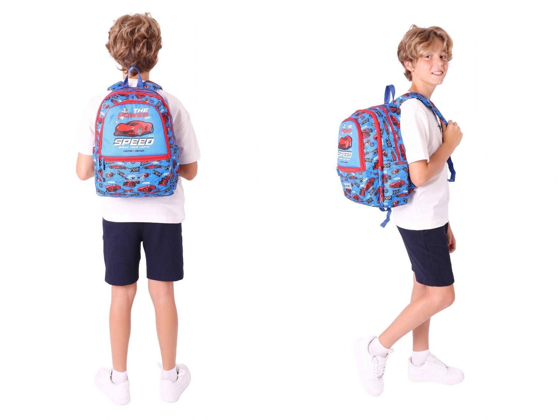 Kaukko Erkek Çocuk Dört Gözlü Okul Çantası ve Üç Gözlü Kalem Çantası Seti - Mavi Kırmızı - Yarış Arabası (L5268+L8268)