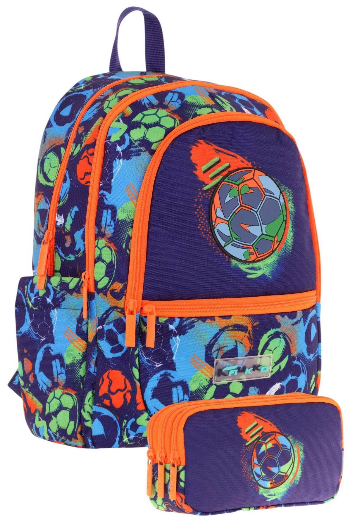 Kaukko Erkek Çocuk Dört Gözlü Okul Çantası ve Üç Gözlü Kalem Çantası Seti - Lacivert Turuncu - Futbol Topu (L5269+L8269)