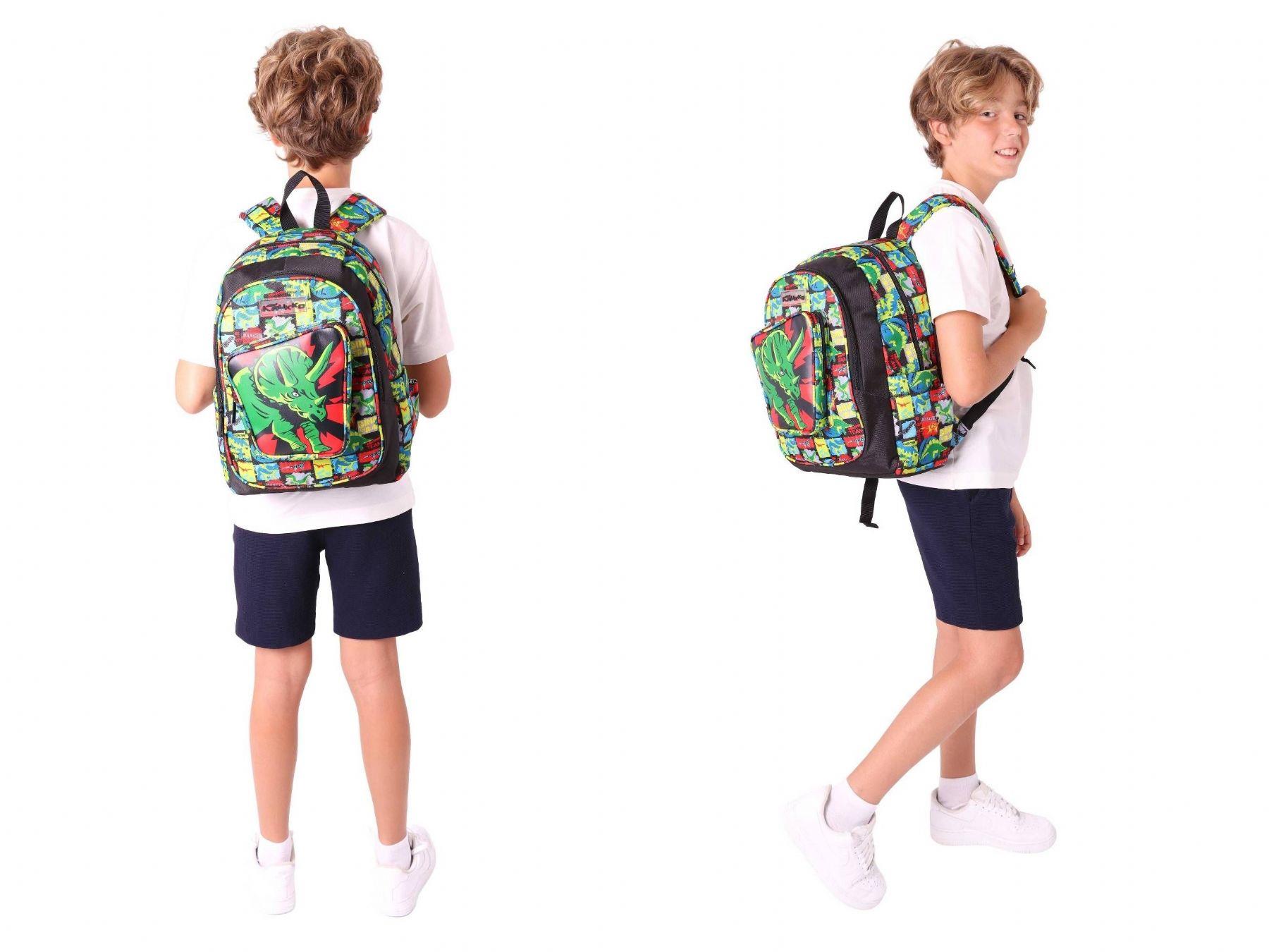 Kaukko Erkek Çocuklar İçin Okul Sırt Çantası (L5263) ve Üç Bölmeli Kalemlik (L8263) Seti - Siyah Yeşil - 3D Gergedan Detaylı