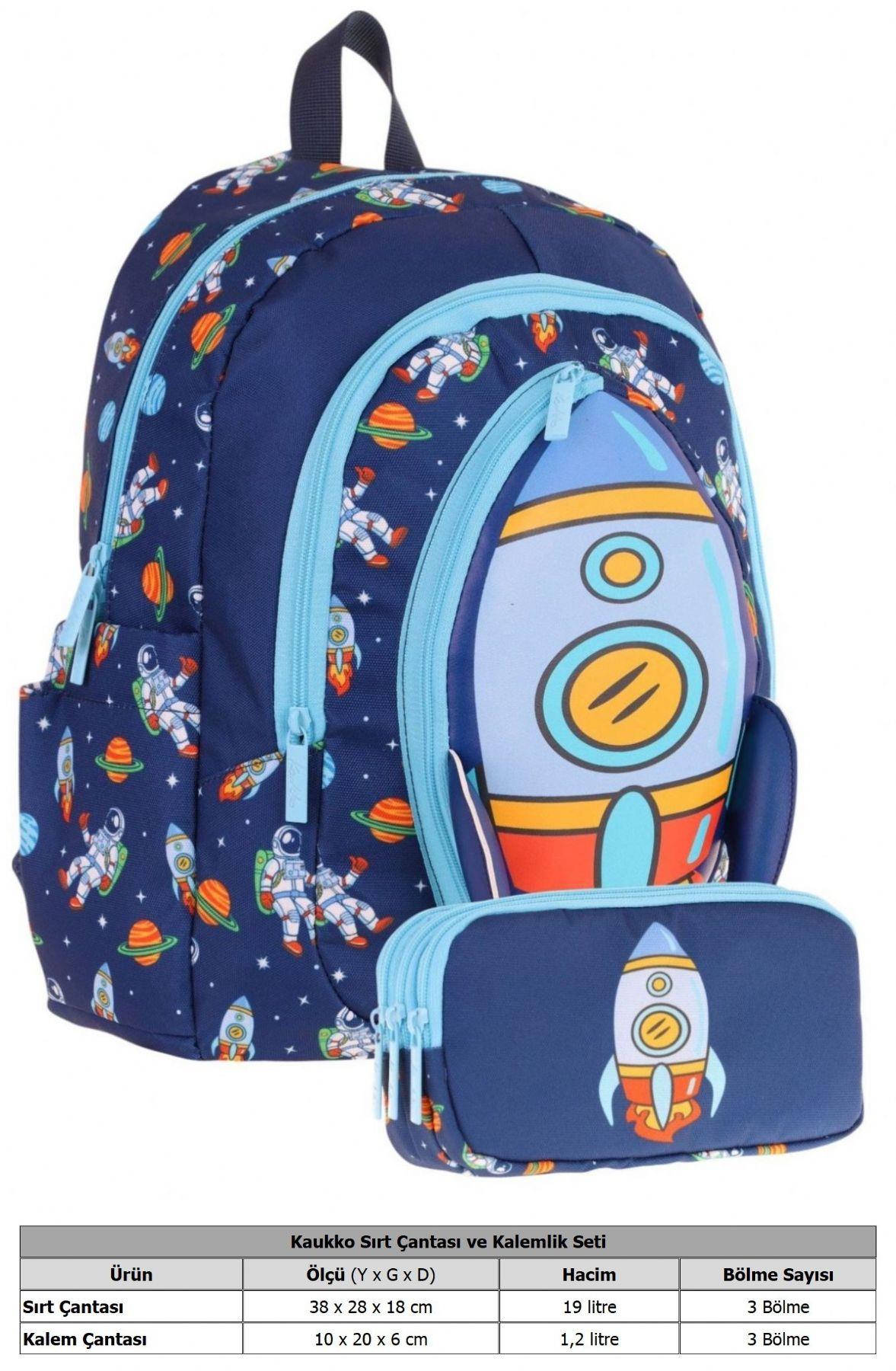 Kaukko Erkek Çocuklar İçin Okul Sırt Çantası (L5260) ve Üç Bölmeli Kalemlik (L8260) Seti - Lacivert - Roket Detaylı