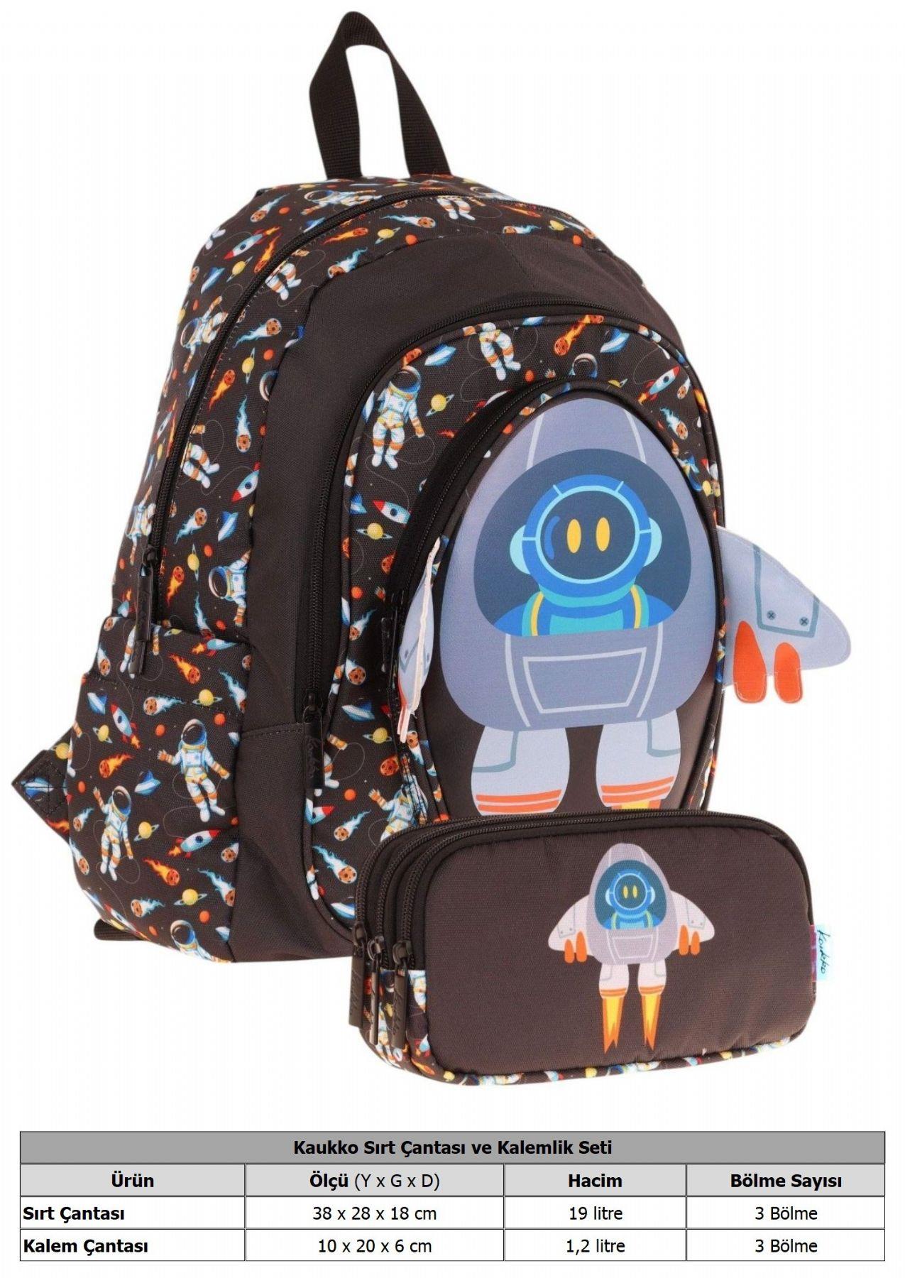 Kaukko Erkek Çocuklar İçin Okul Sırt Çantası (L5264) ve Üç Bölmeli Kalemlik (L8264) Seti - Siyah - 3D Roket Detaylı
