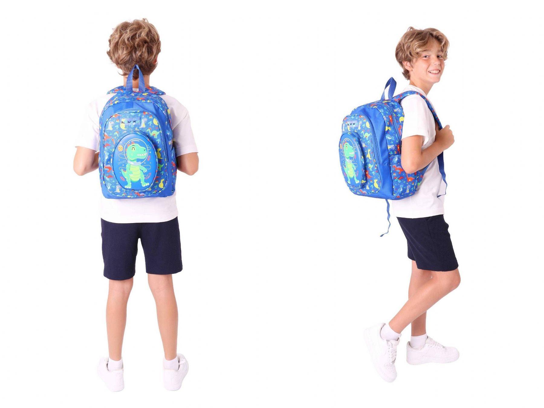 Kaukko Erkek Çocuklar İçin Okul Sırt Çantası (L5262) ve Üç Bölmeli Kalemlik (L8262) Seti - Mavi Yeşil - 3D Dinazor Detaylı