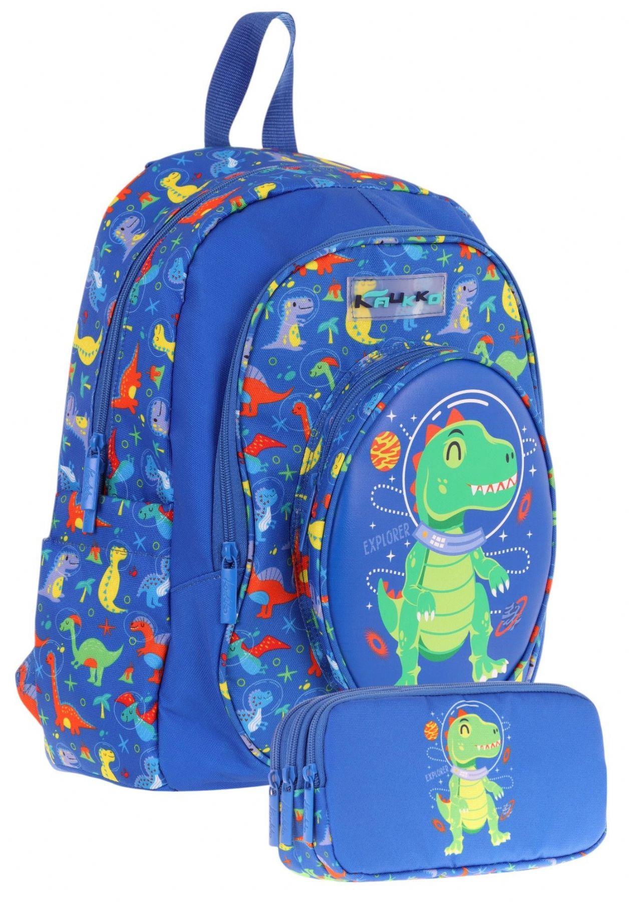 Kaukko Erkek Çocuklar İçin Okul Sırt Çantası (L5262) ve Üç Bölmeli Kalemlik (L8262) Seti - Mavi Yeşil - 3D Dinazor Detaylı