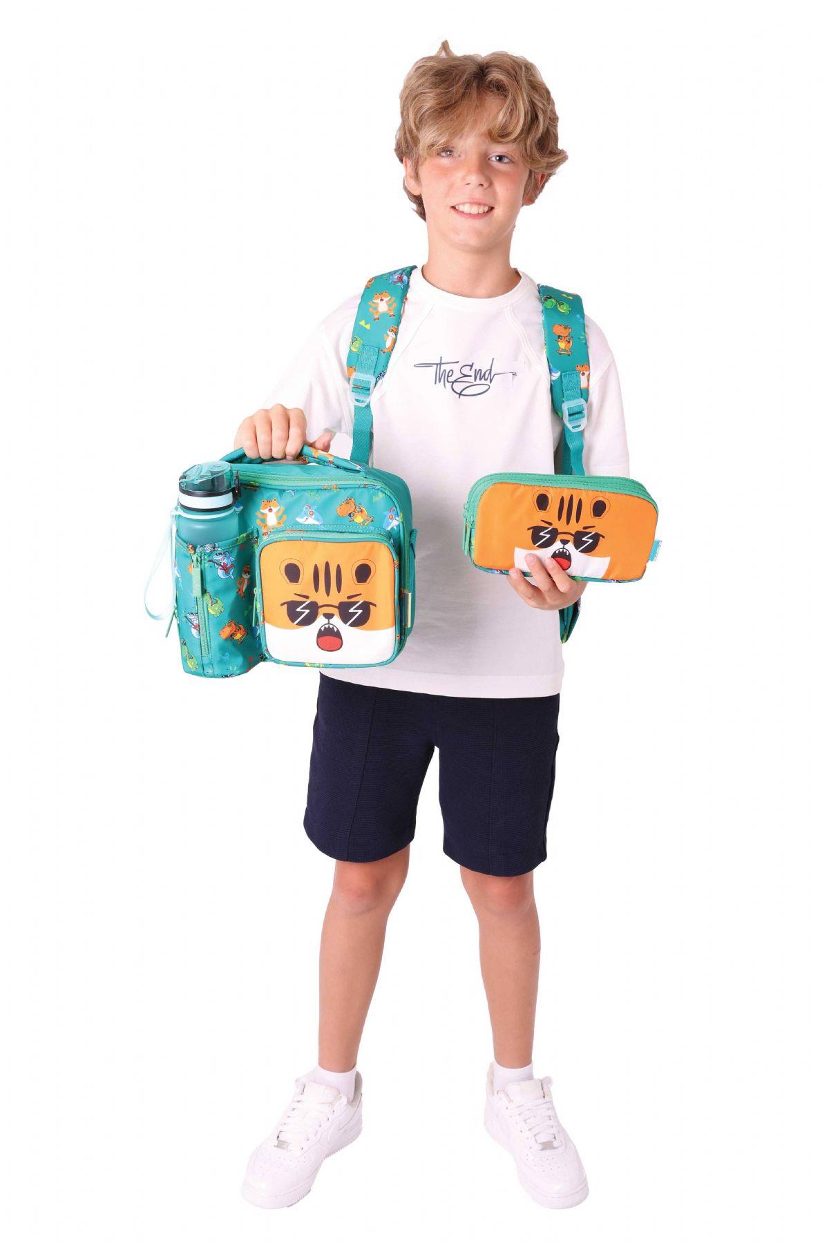 Kaukko Kids 3D Aslan Şekilli Erkek Çocuk Üçlü Okul Çantası Seti/Takımı - Yeşil (L5254+L7254+L8254)