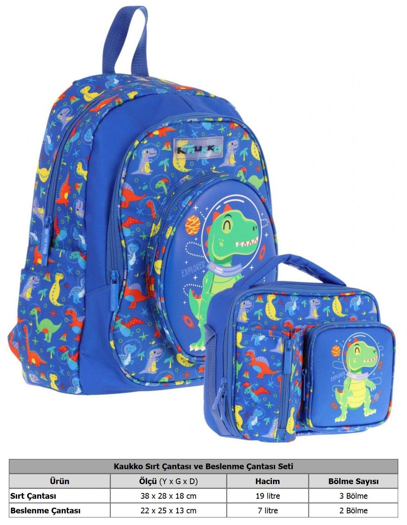 Kaukko Kids 3D Dinazor Detaylı Okul Çantası (L5262) ve Thermo Beslenme Çantası (L7262) Seti - Erkek Çocuk