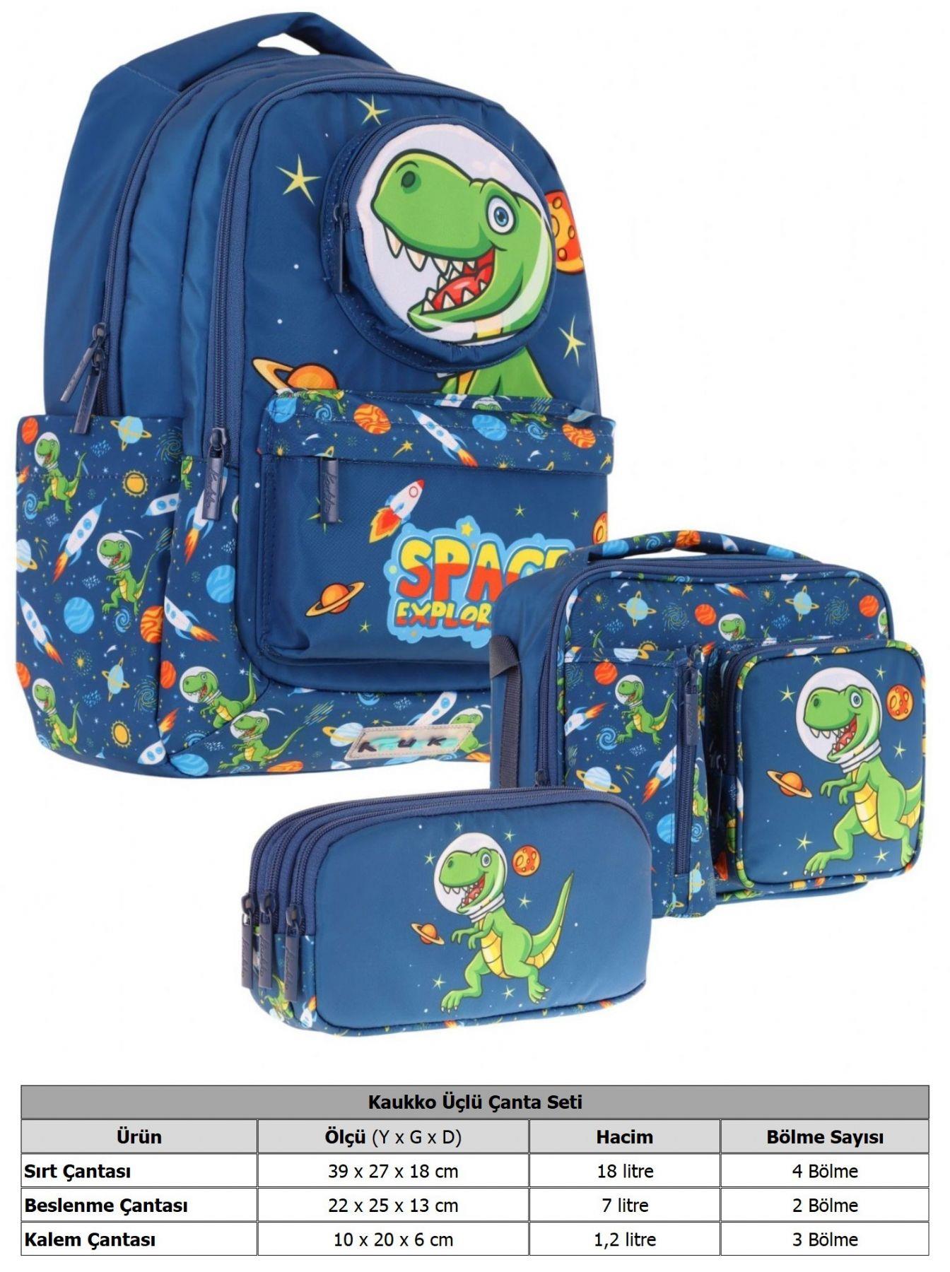 Kaukko Kids 3D Dinazor Şekilli Erkek Çocuk Üçlü Okul Çantası Seti/Takımı - Lacivert (L5252+L7252+L8252)