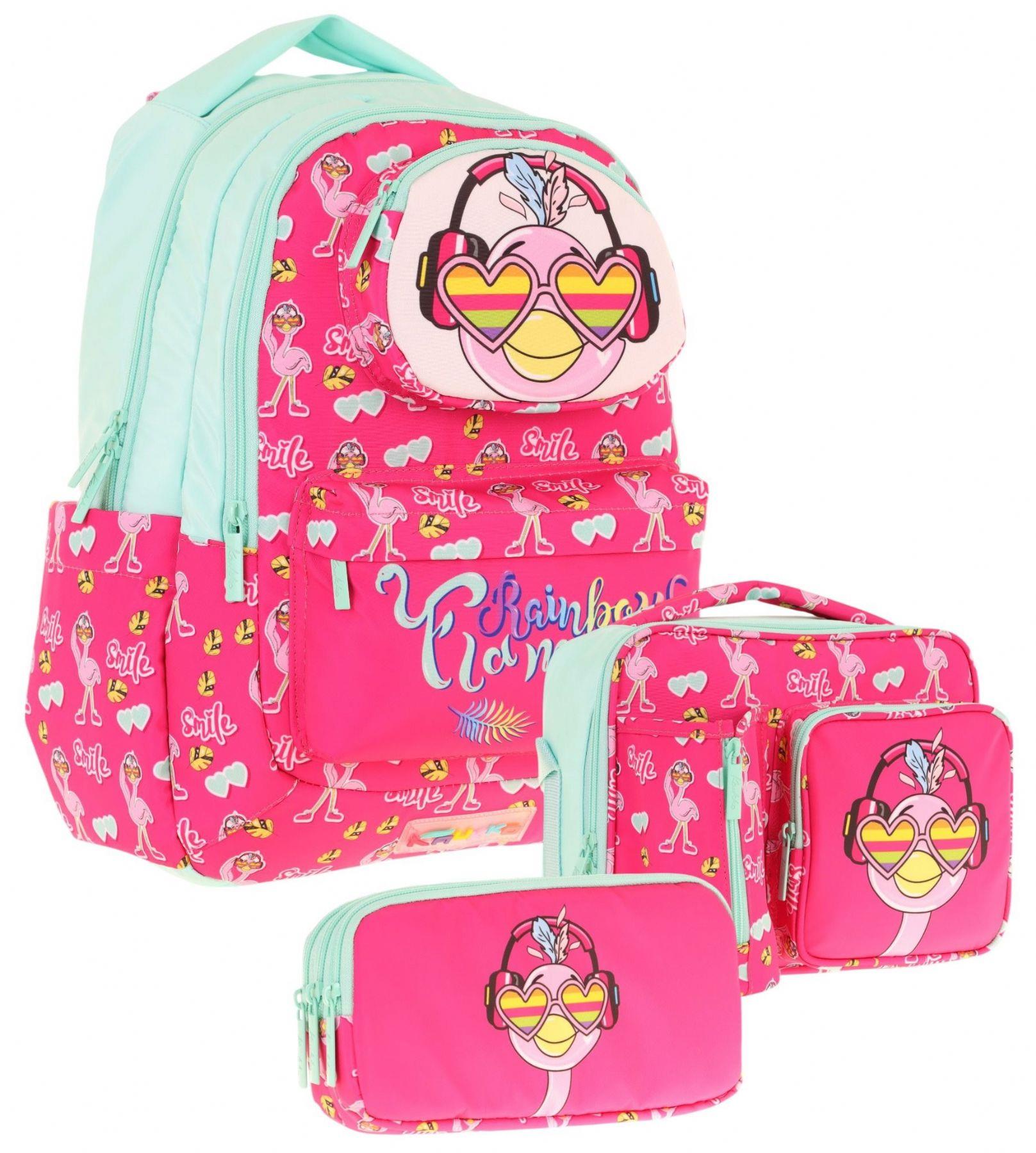 Kaukko Kids 3D Flamingo Şekilli Kız Çocuk Üçlü Okul Çantası Seti/Takımı - Kırmızı Yeşil (L5235+L7235+L8235)