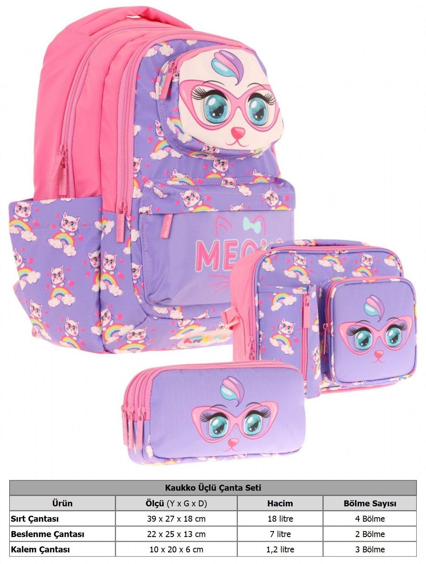 Kaukko Kids 3D Kedi Şekilli Kız Çocuk Üçlü Okul Çantası Seti/Takımı - Mor Pembe (L5236+L7236+L8236)
