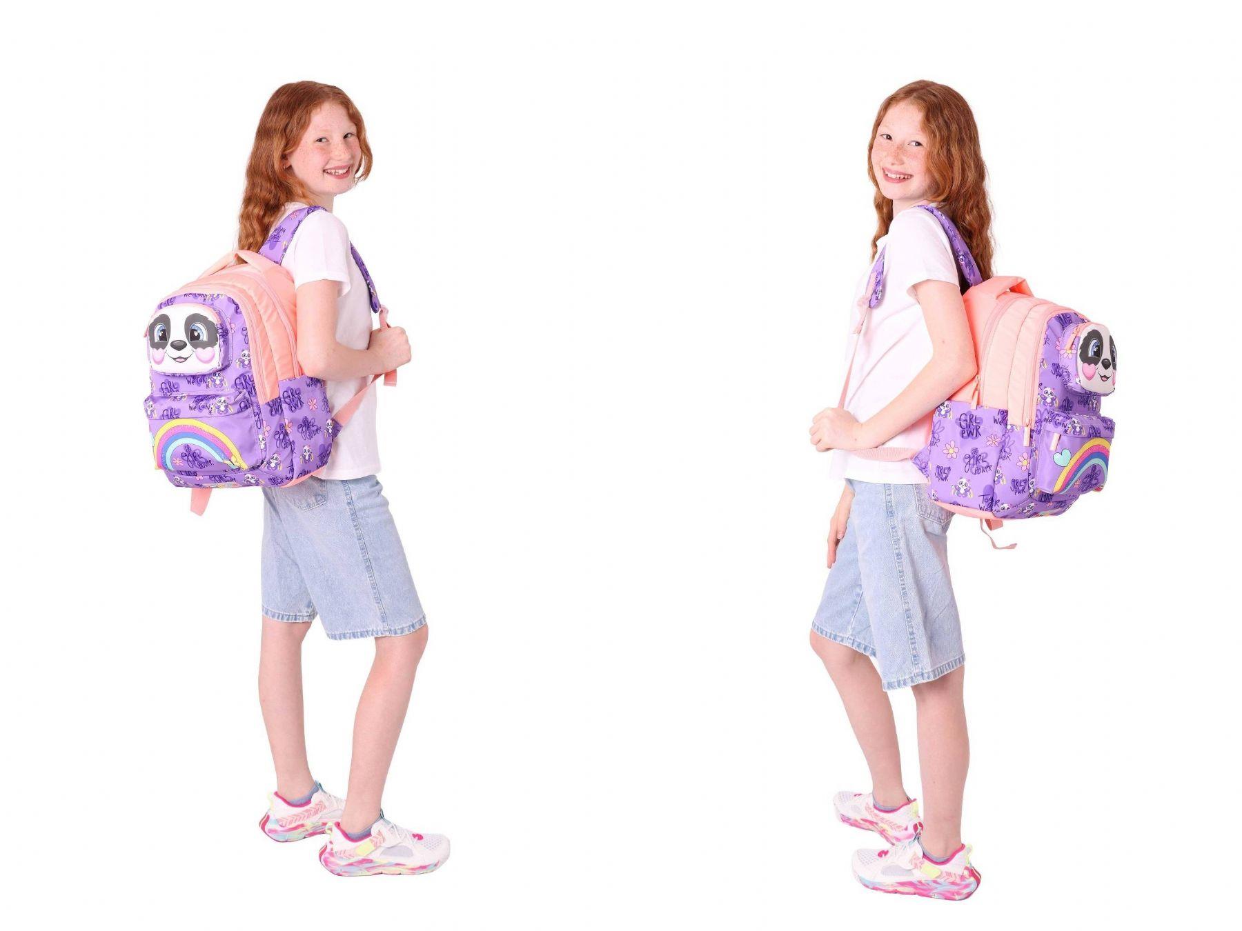 Kaukko Kids 3D Panda Şekilli Kız Çocuk Üçlü Okul Çantası Seti/Takımı - Mor Somon (L5233+L7233+L8233)