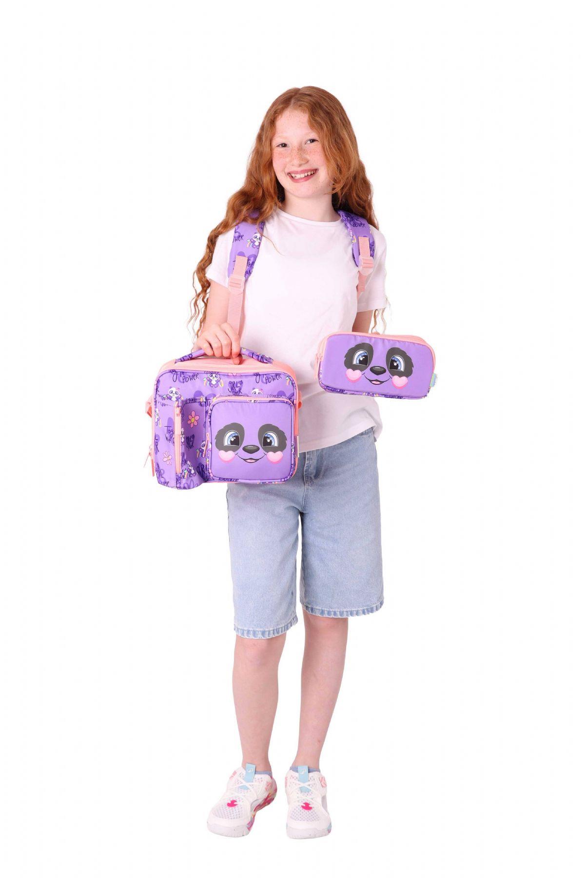 Kaukko Kids 3D Panda Şekilli Kız Çocuk Üçlü Okul Çantası Seti/Takımı - Mor Somon (L5233+L7233+L8233)