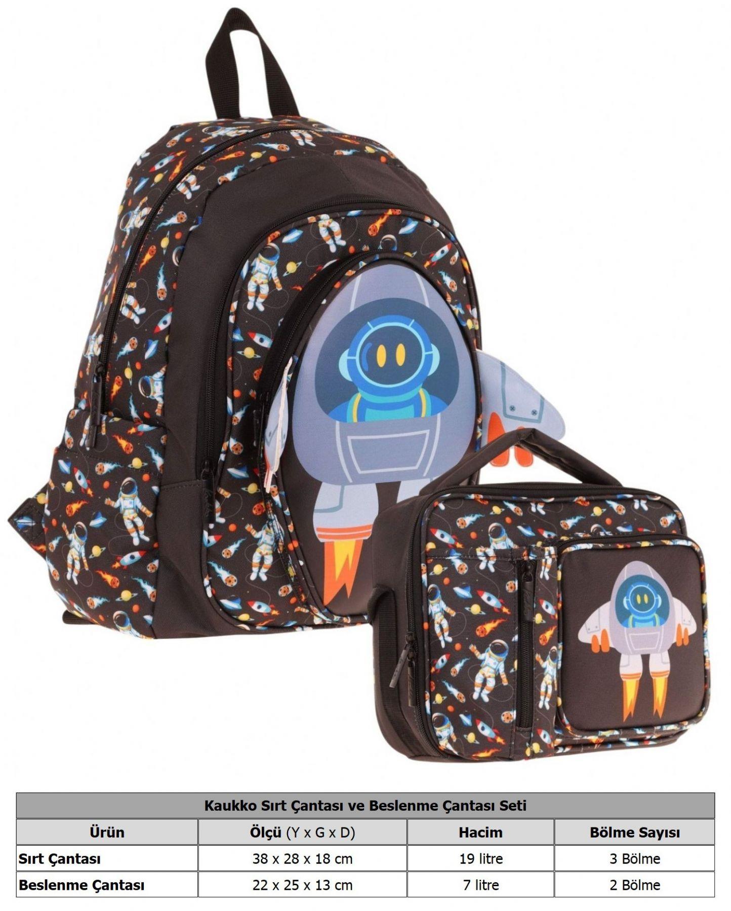 Kaukko Kids 3D Roket Detaylı Okul Çantası (L5264) ve Thermo Beslenme Çantası (L7264) Seti - Erkek Çocuk