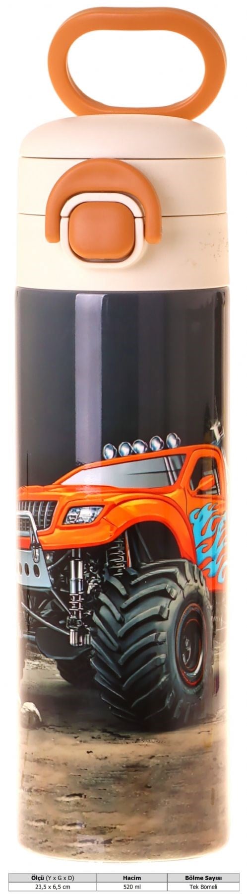 Kaukko Kids 520 ml Arazi Aracı Baskılı Siyah - Kırmızı Erkek Çocuk Çelik Termos Matara (Çift İçim Kilitli Kapak) - L5362