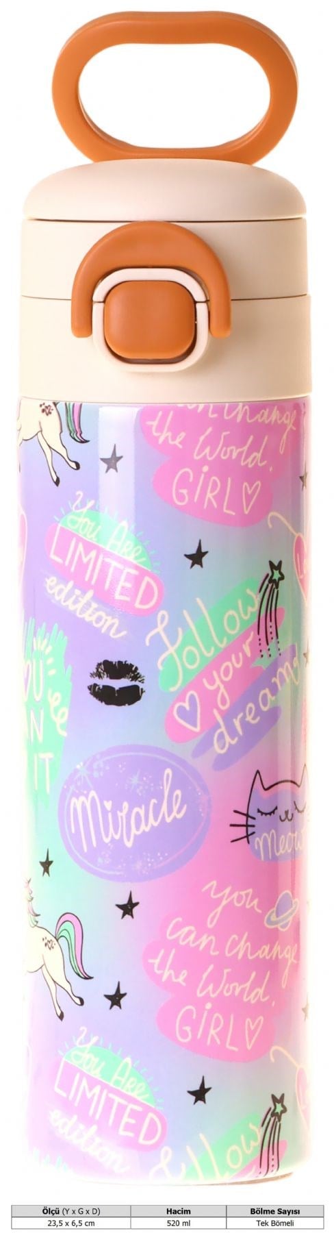 Kaukko Kids 520 ml Dream Baskılı Çok Renkli Kız Çocuk Çelik Termos Matara (Çift İçim Kilitli Kapak) - L5346