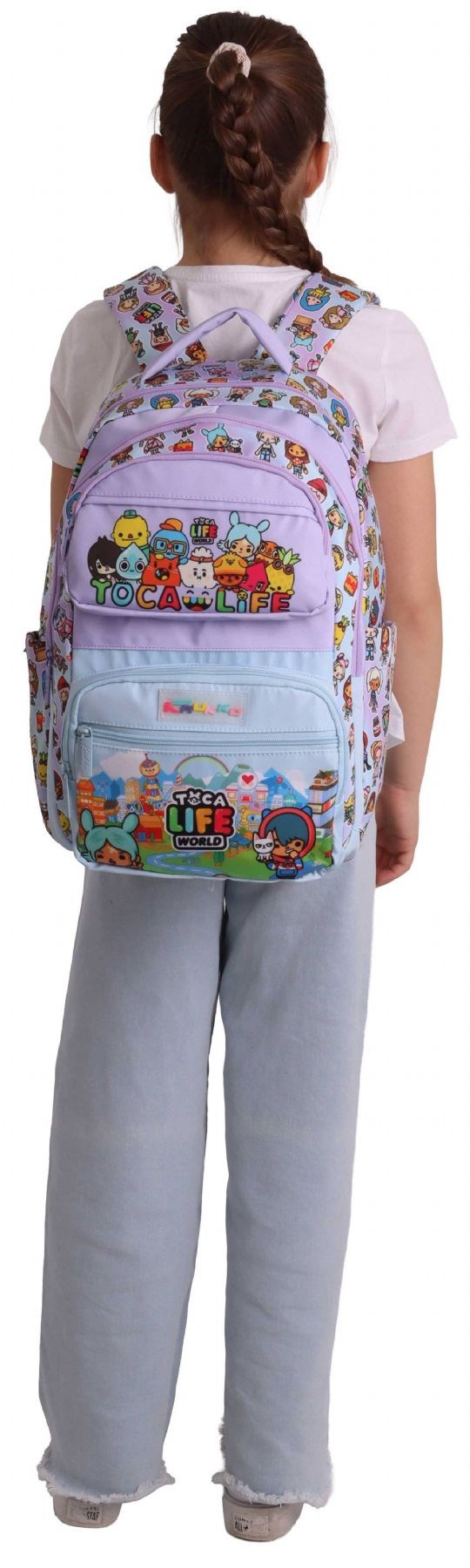Kaukko Kids Beş Bölmeli Kız Çocuk Toca Life Baskılı Lila - Turkuaz İlkokul Okul Sırt Çantası - L5338