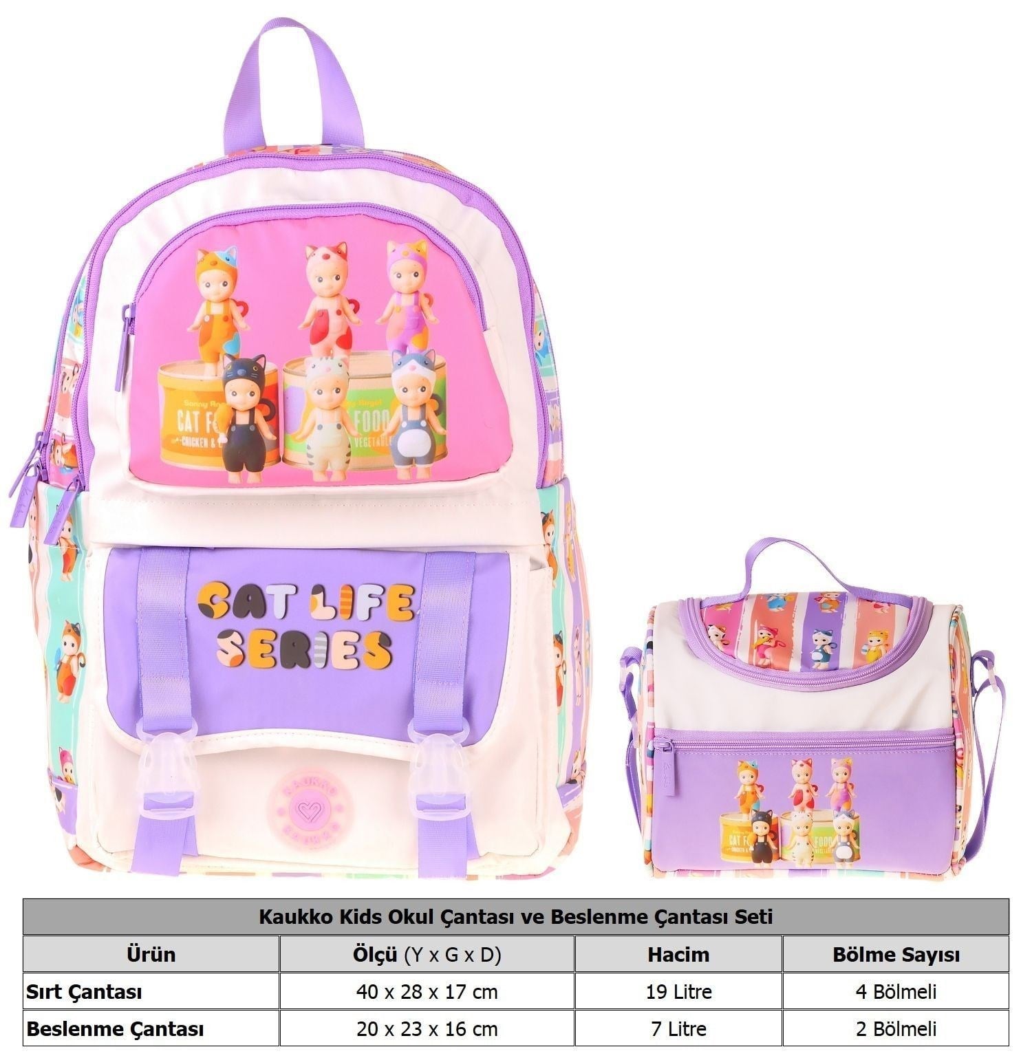 Kaukko Kids Cat Life Kız Çocuk Mor - Krem İlkokul Sırt Çantası ve Beslenme Çanta Seti - SETKK-L5313B