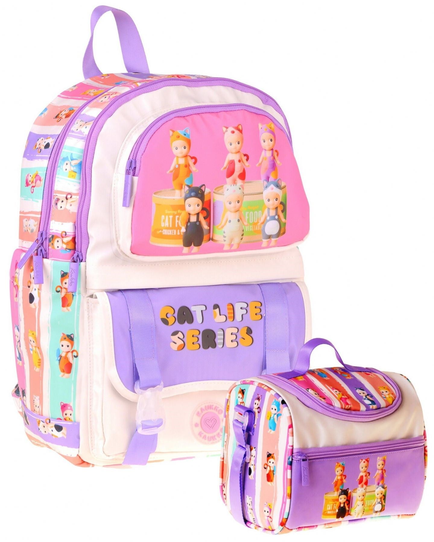Kaukko Kids Cat Life Kız Çocuk Mor - Krem İlkokul Sırt Çantası ve Beslenme Çanta Seti - SETKK-L5313B