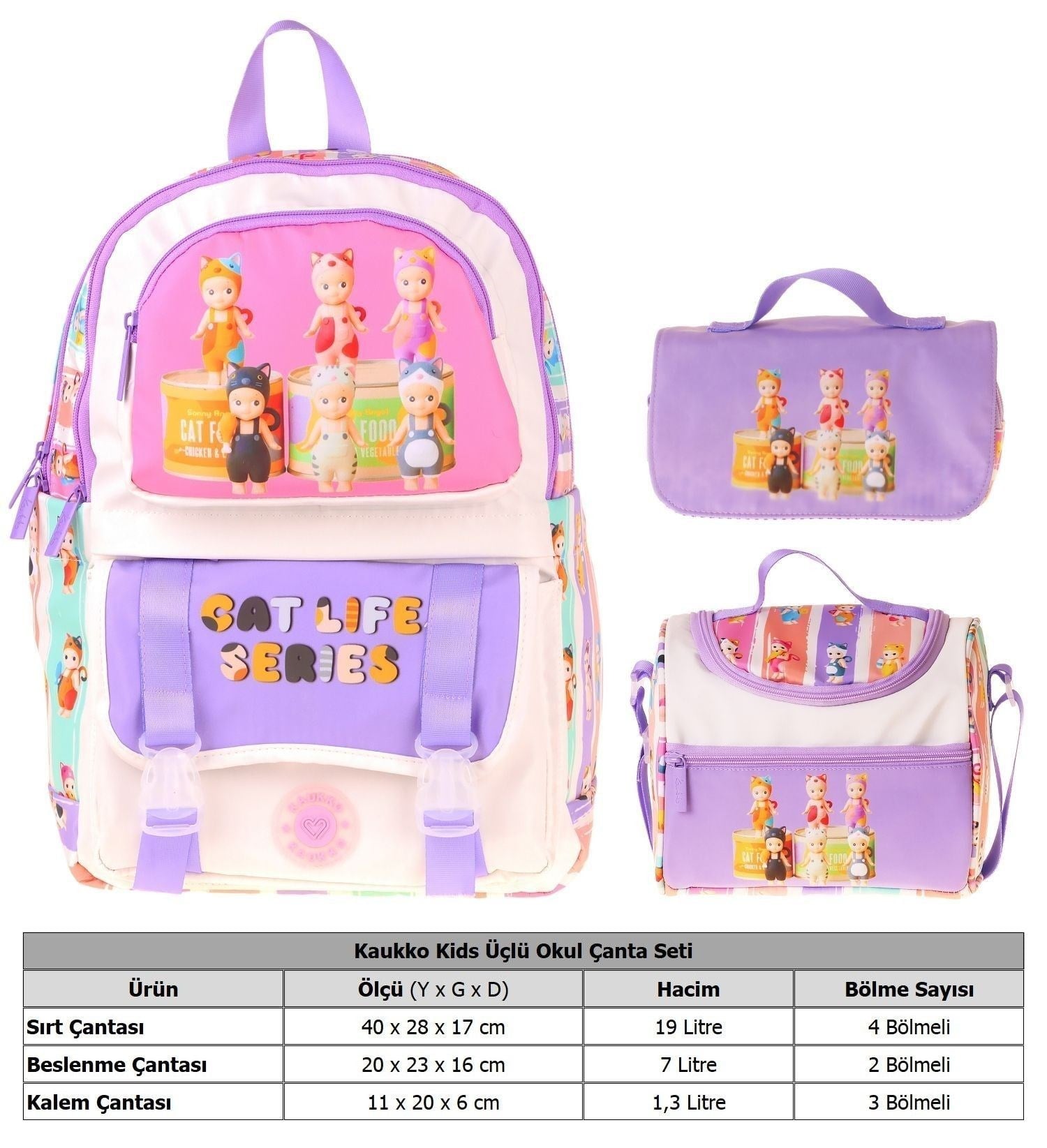 Kaukko Kids Cat Life(Mor - Krem Renk) Kız Çocuk Üçlü İlkokul Okul Çantası Seti/Takımı - SETKK-L5313A