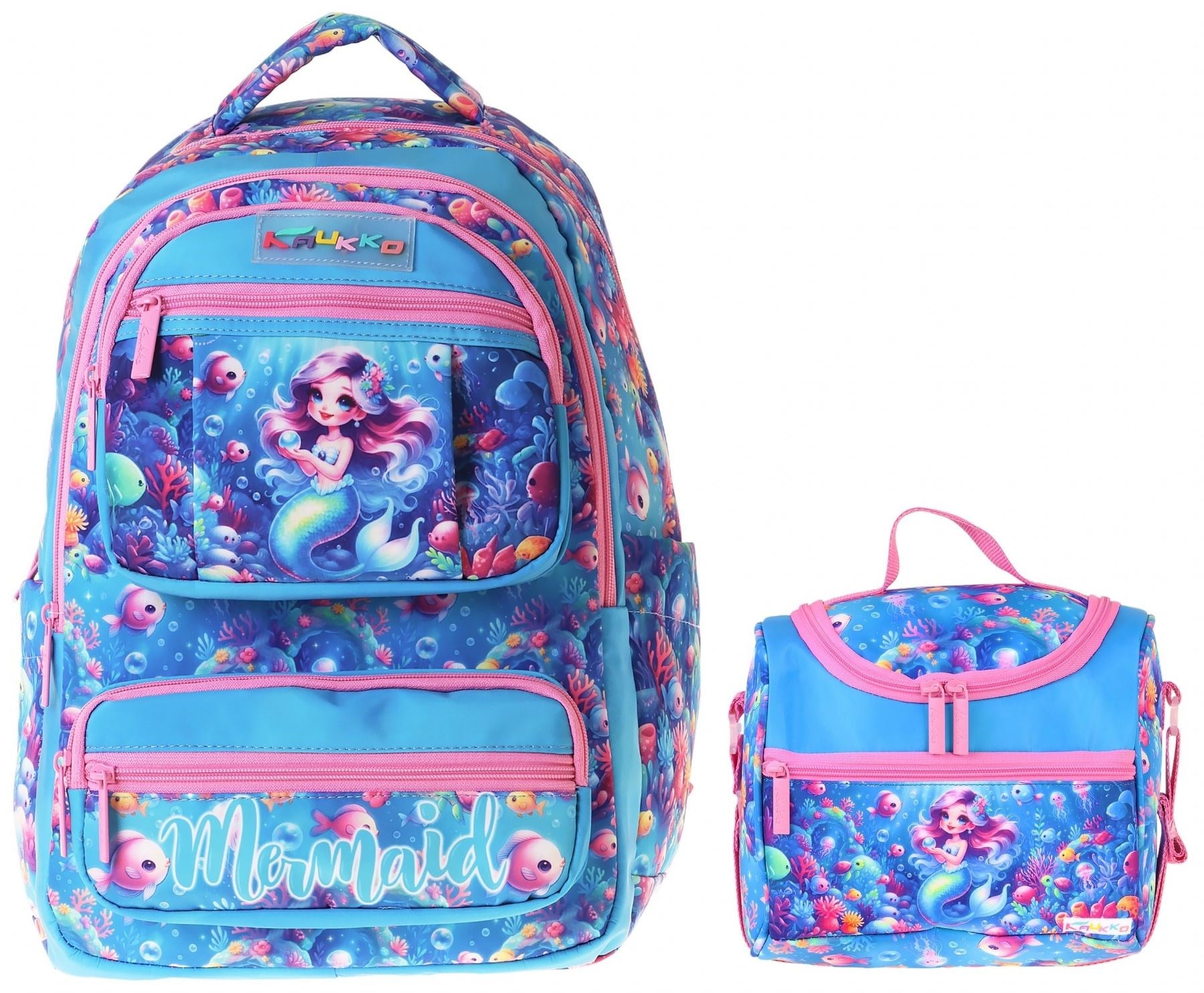 Kaukko Kids Coral Kız Çocuk Pembe - Mavi İlkokul Sırt Çantası ve Beslenme Çanta Seti - SETKK-L5323B
