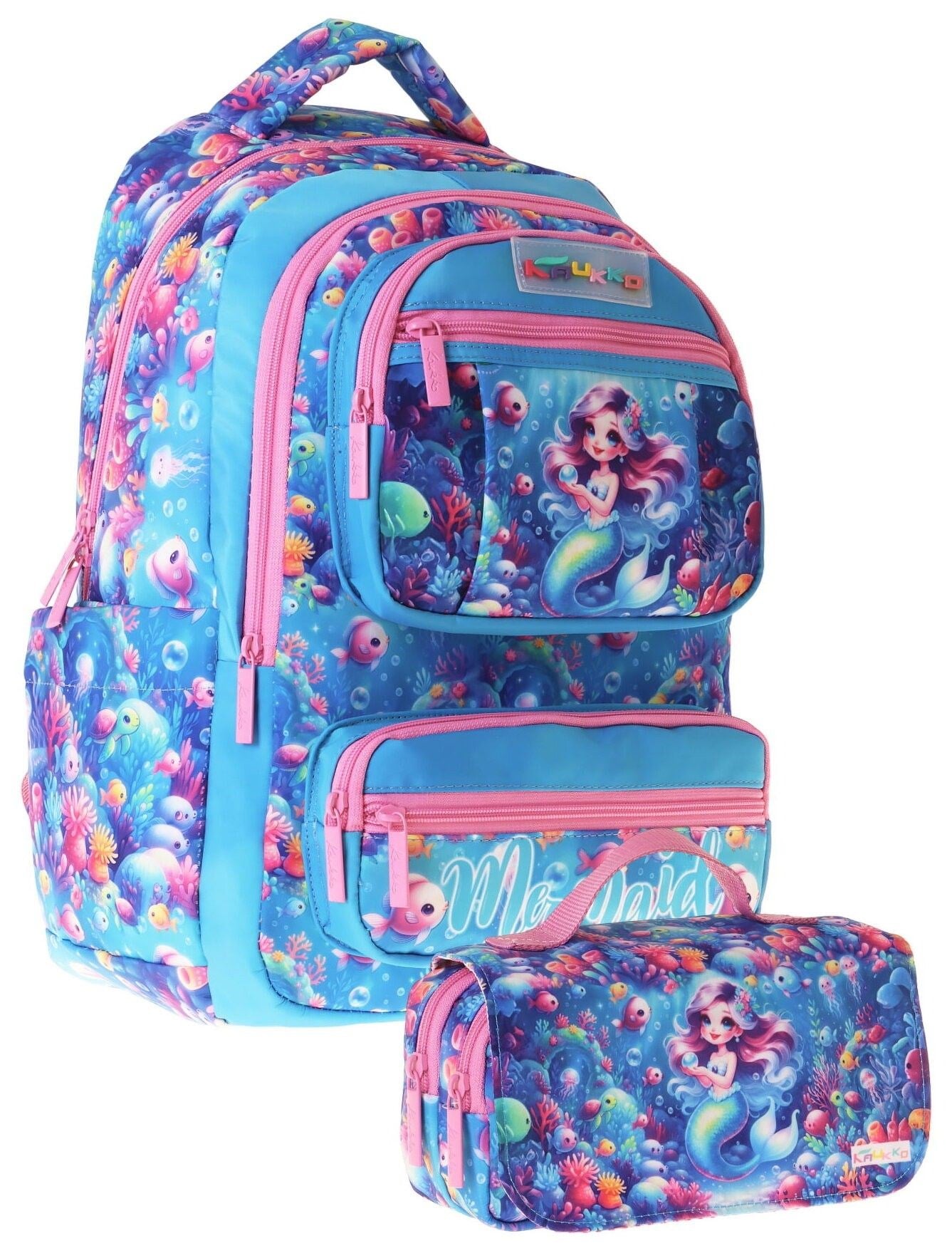 Kaukko Kids Coral Pembe - Mavi Kız Çocuk İlkokul Sırt Çantası ve Kalem Çantası Seti - SETKK-L5323C