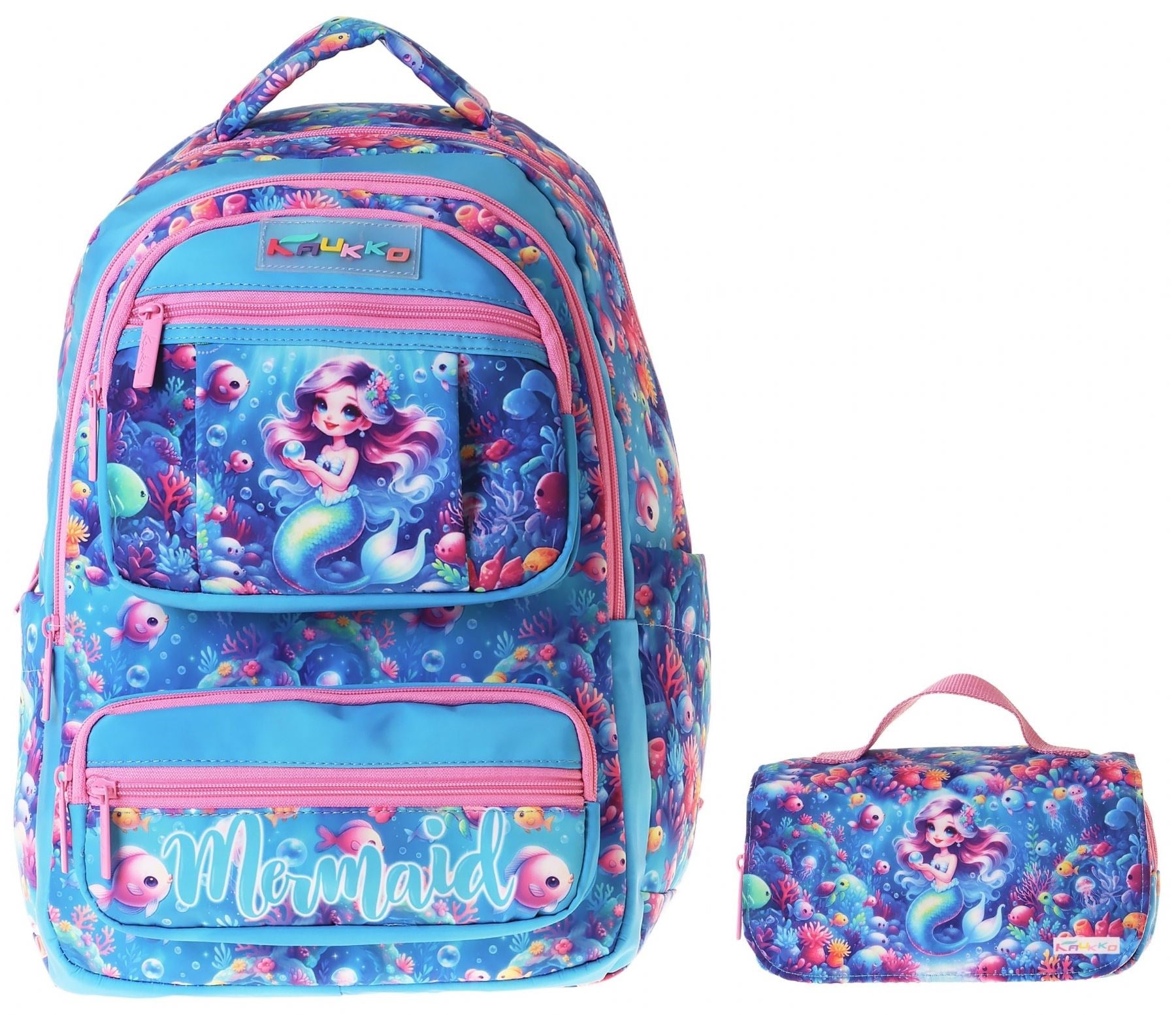 Kaukko Kids Coral Pembe - Mavi Kız Çocuk İlkokul Sırt Çantası ve Kalem Çantası Seti - SETKK-L5323C